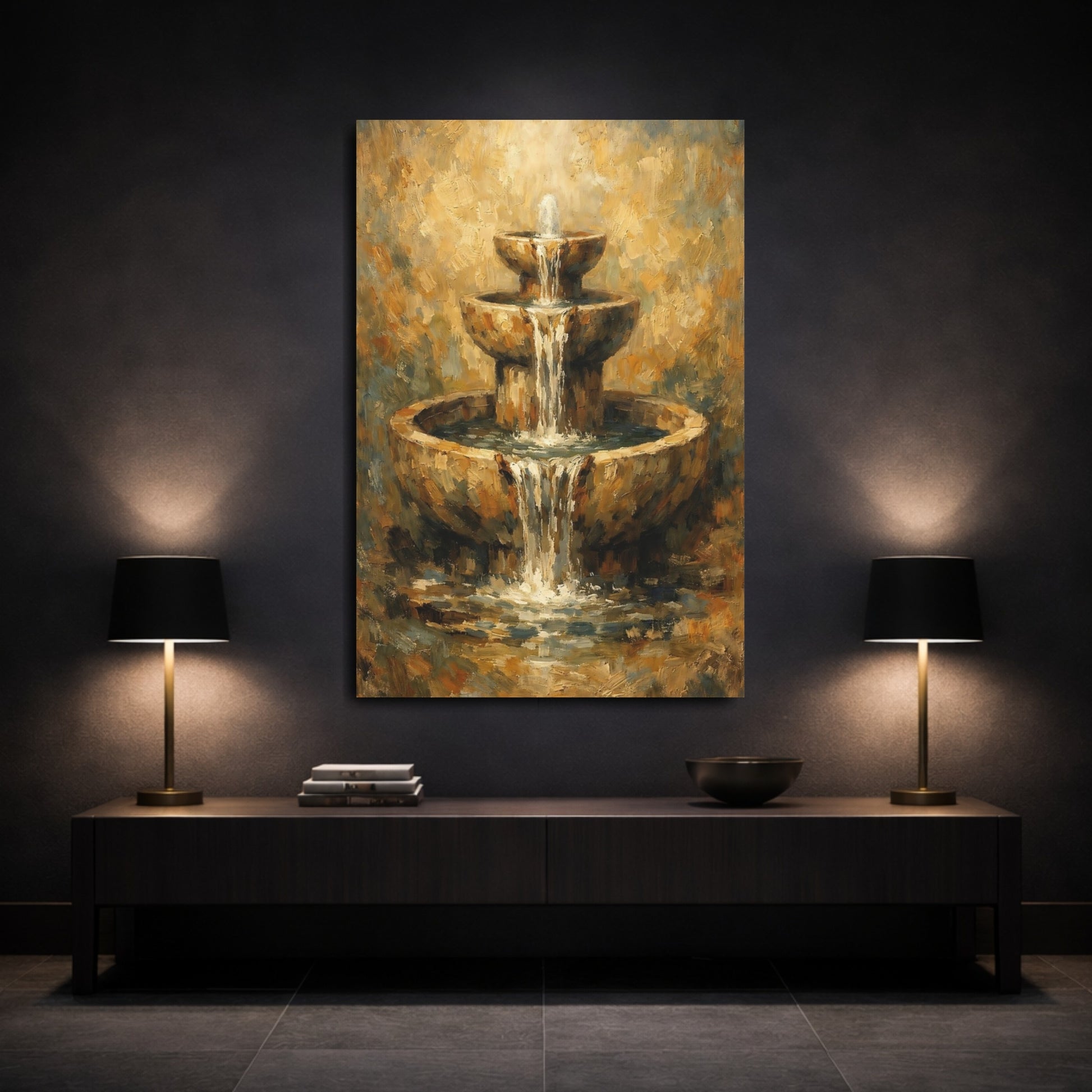 Mockup 2. Nature Tiered Fountain Brown Gold Fountain shown as stretched canvas wall art