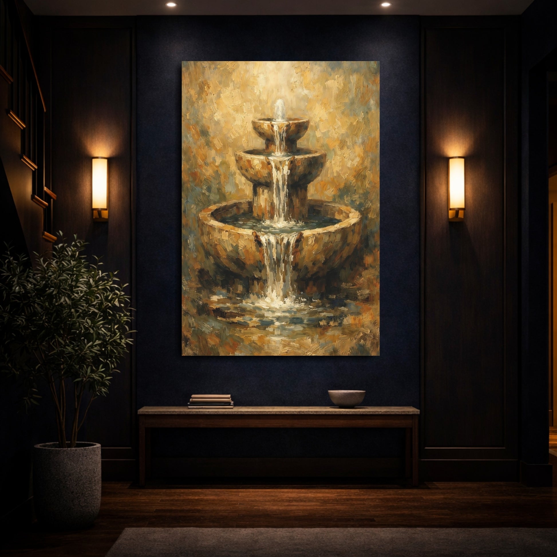 Mockup 3. Nature Tiered Fountain Brown Gold Fountain shown as stretched canvas wall art