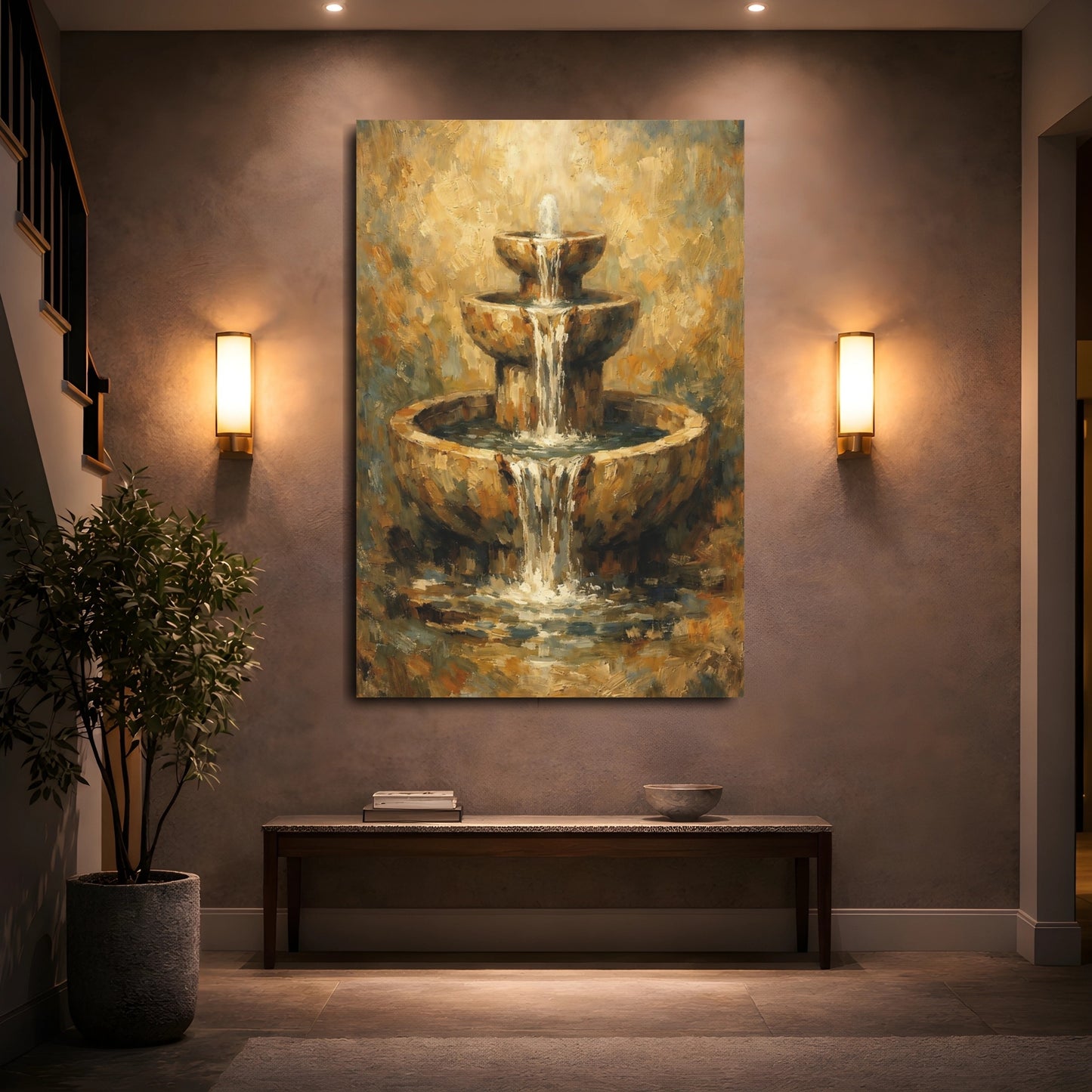 Mockup 4. Nature Tiered Fountain Brown Gold Fountain shown as stretched canvas wall art