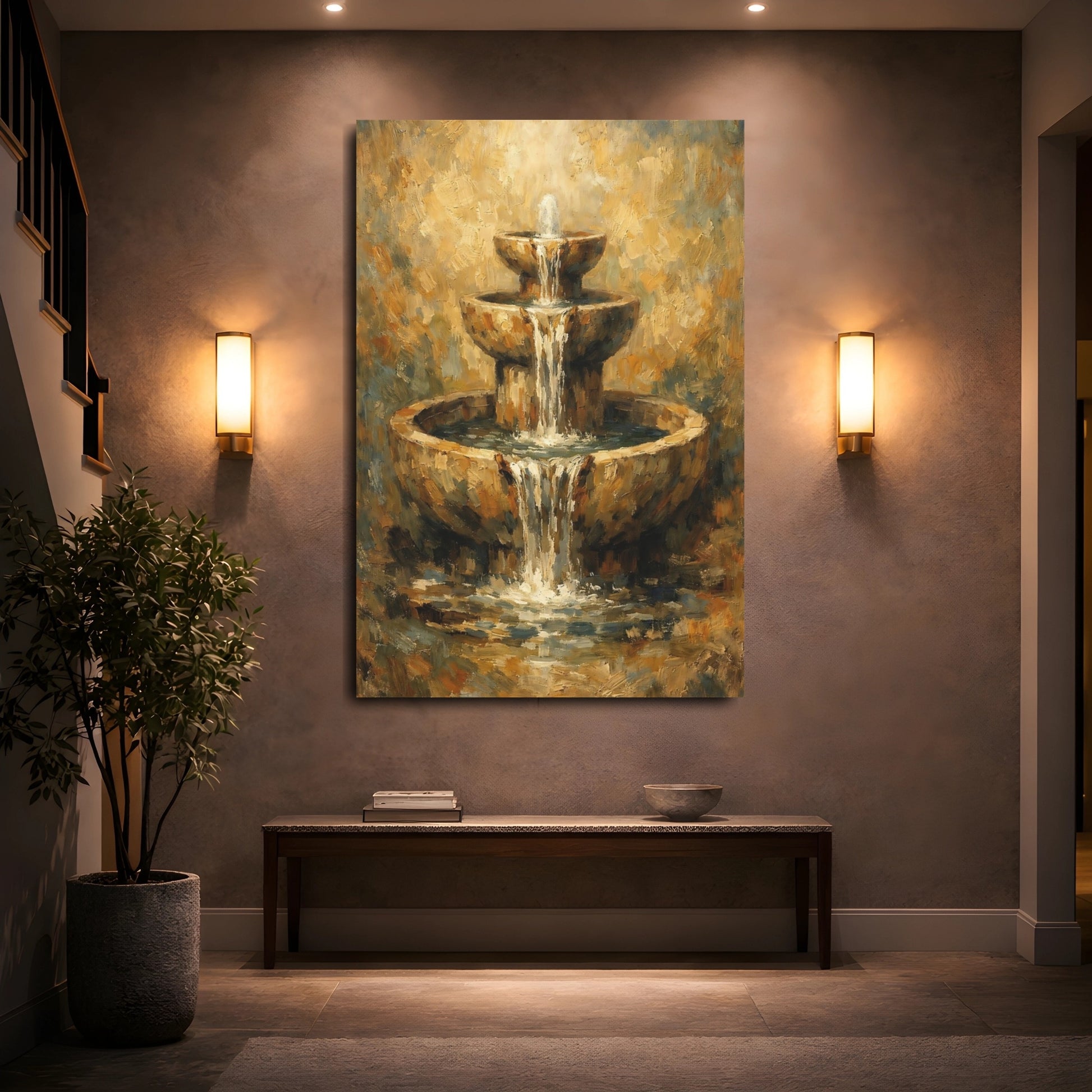 Mockup 4. Nature Tiered Fountain Brown Gold Fountain shown as stretched canvas wall art