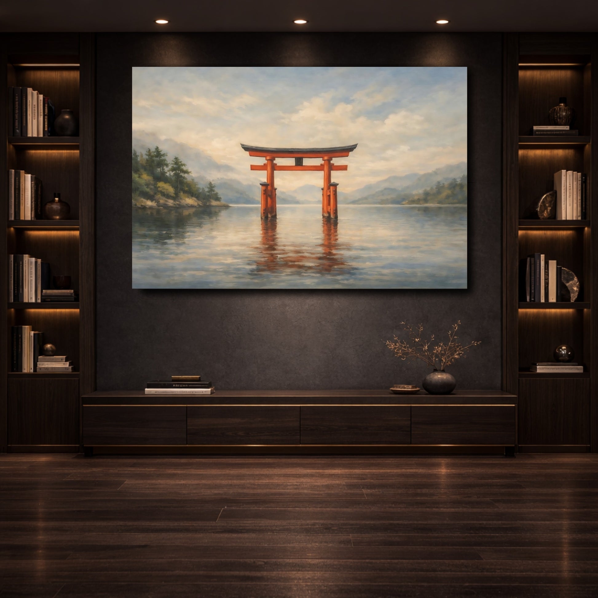 Mockup 3. Nature Torii Gate Japanese Landscape shown as stretched canvas wall art