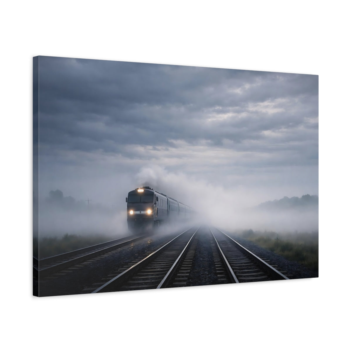 Side Mockup 2. Nature Train Foggy Train shown as stretched canvas wall art