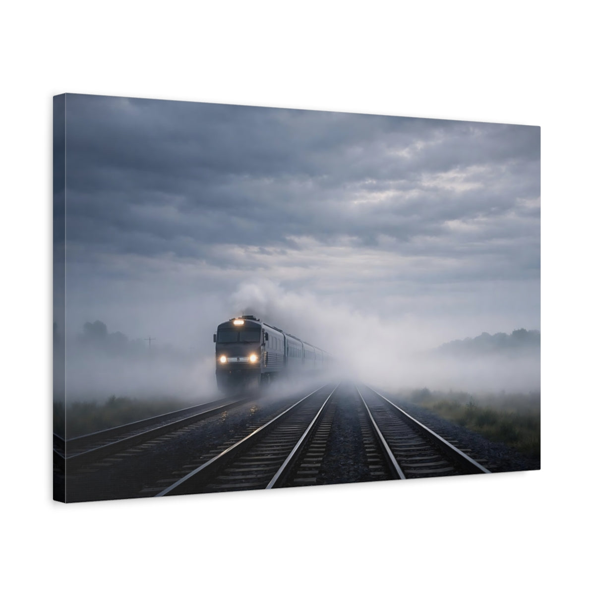Side Mockup 3. Nature Train Foggy Train shown as stretched canvas wall art