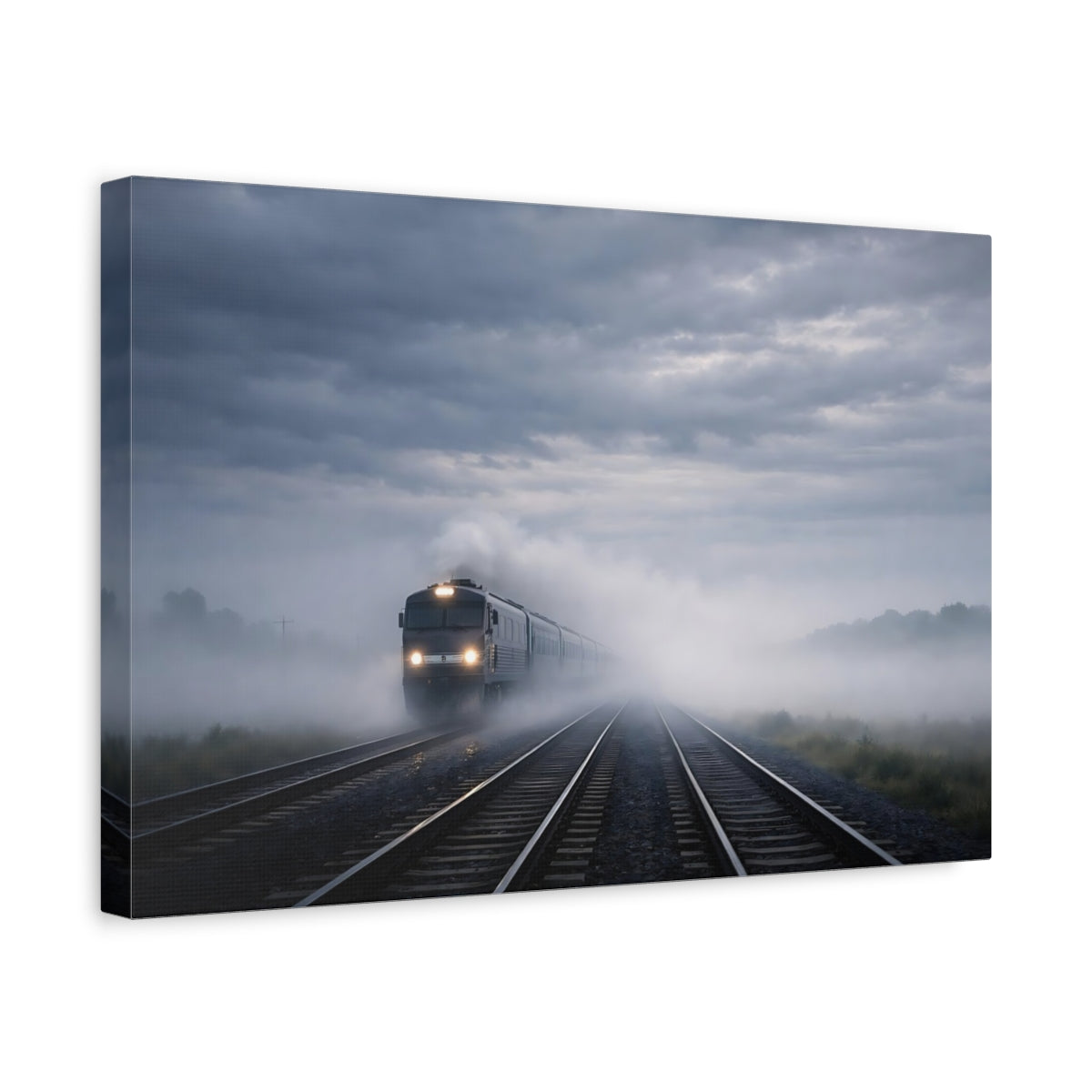 Side Mockup 4. Nature Train Foggy Train shown as stretched canvas wall art