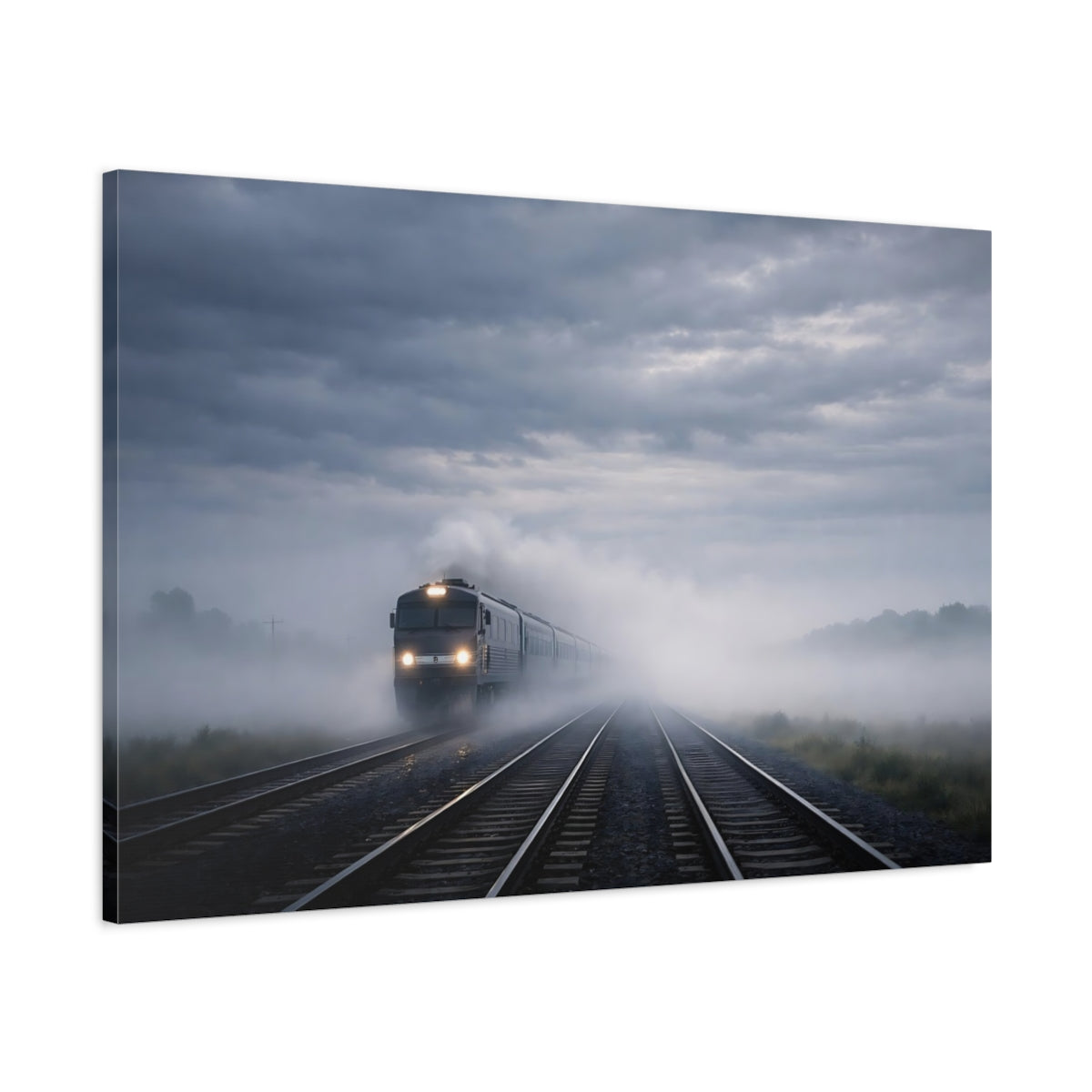 Main Mockup. Nature Train Foggy Train shown as stretched canvas wall art