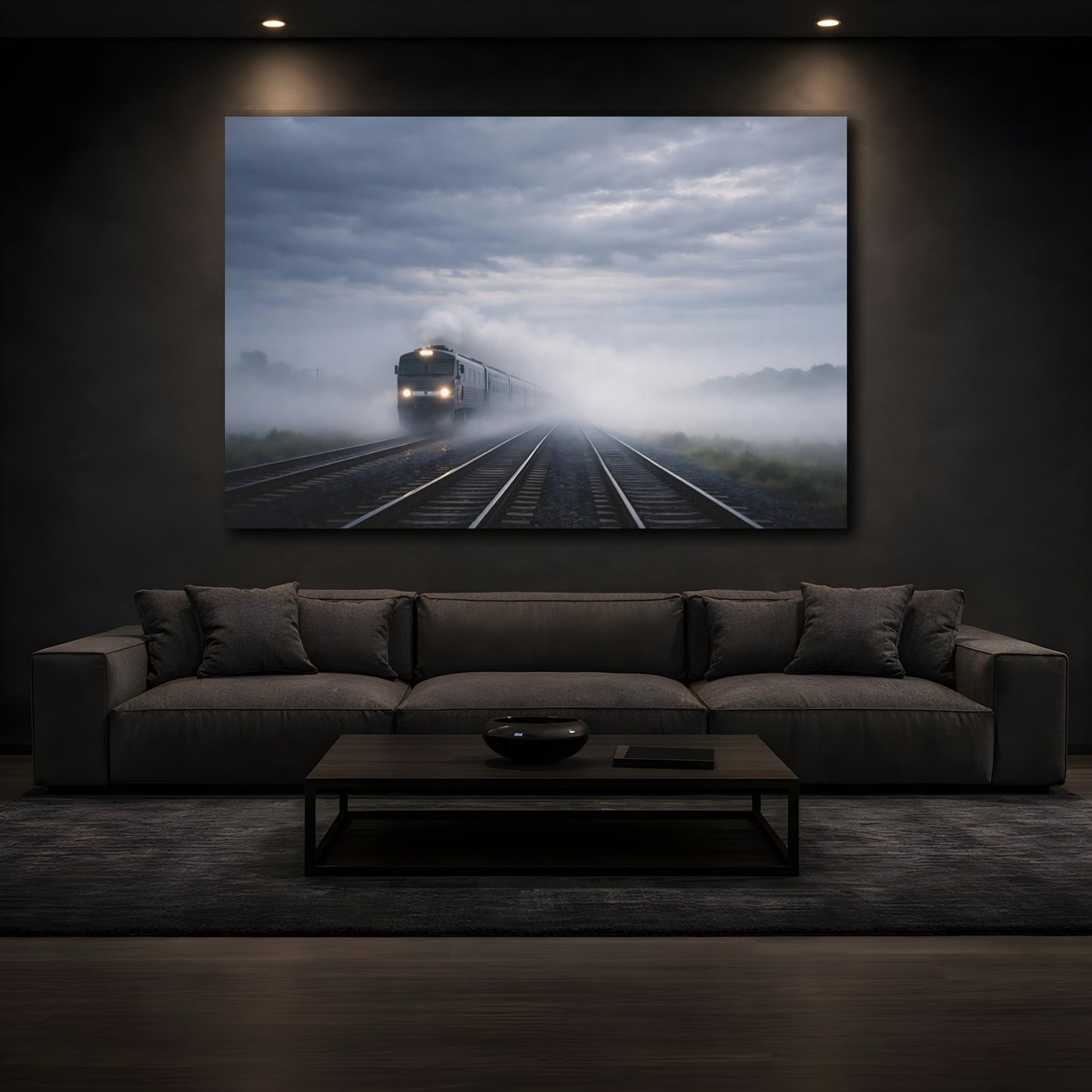 Mockup 2. Nature Train Foggy Train shown as stretched canvas wall art