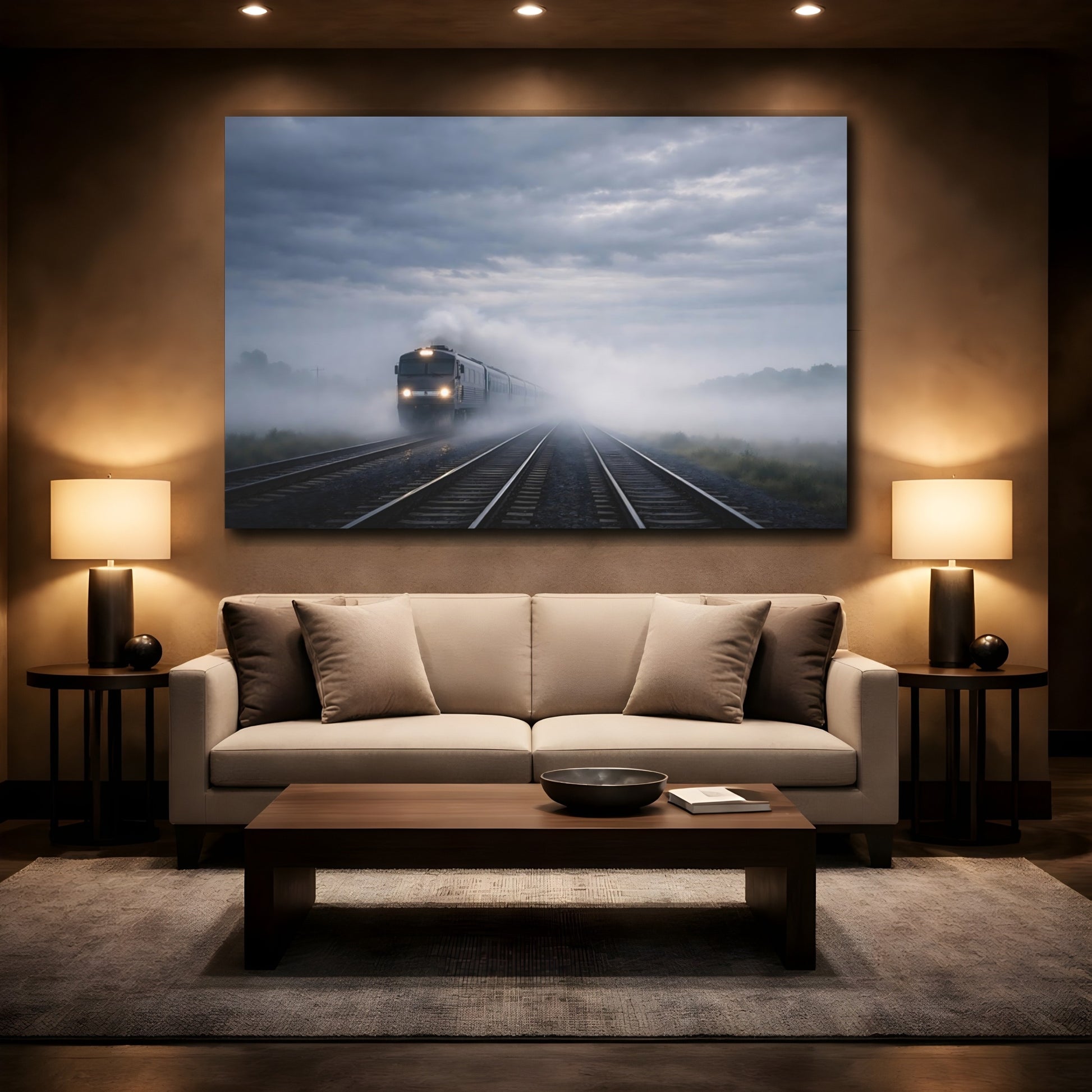 Mockup 3. Nature Train Foggy Train shown as stretched canvas wall art