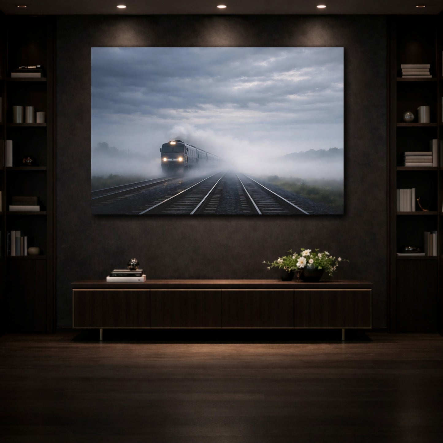 Mockup 4. Nature Train Foggy Train shown as stretched canvas wall art