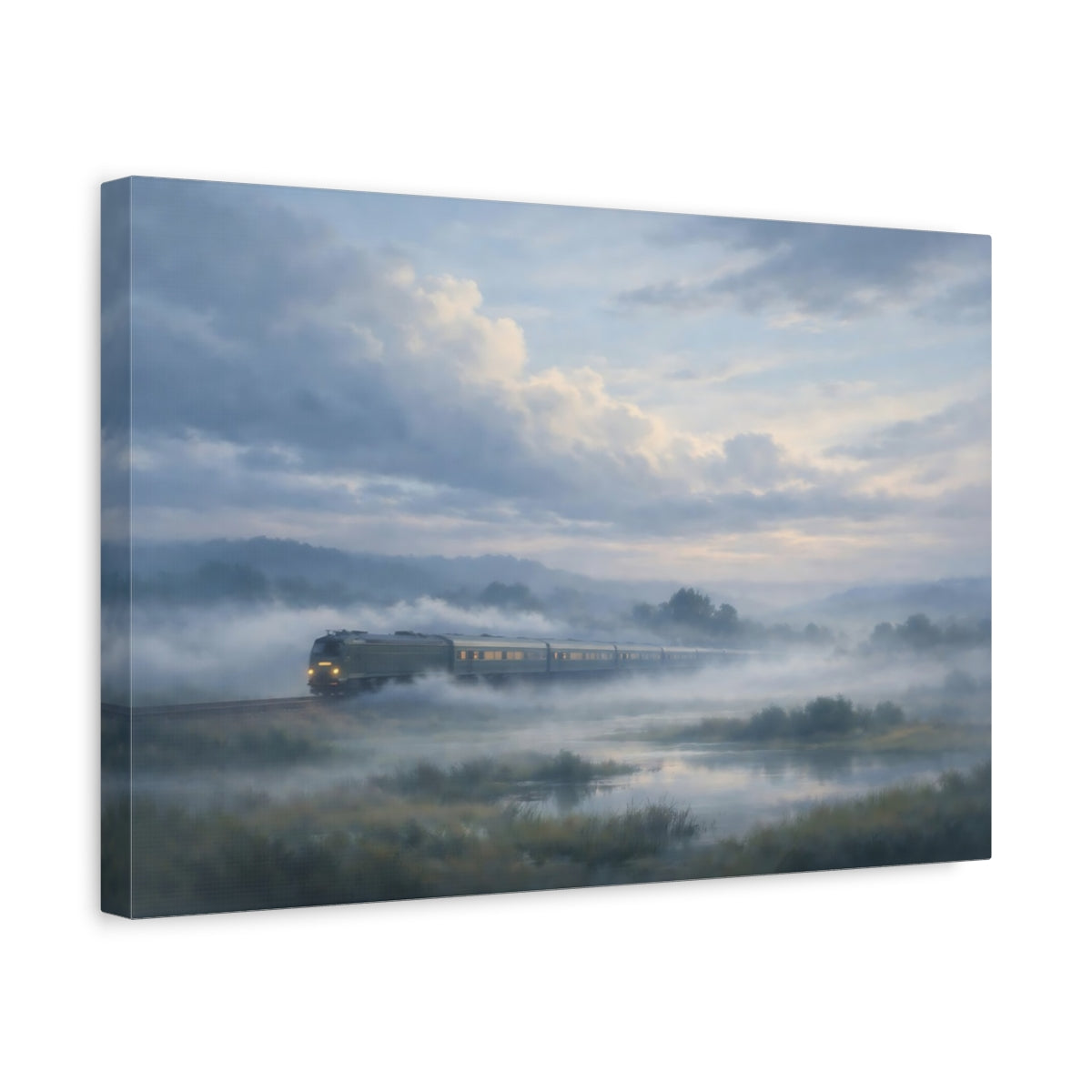 Side Mockup 4. Nature Train Misty Train Landscape shown as stretched canvas wall art