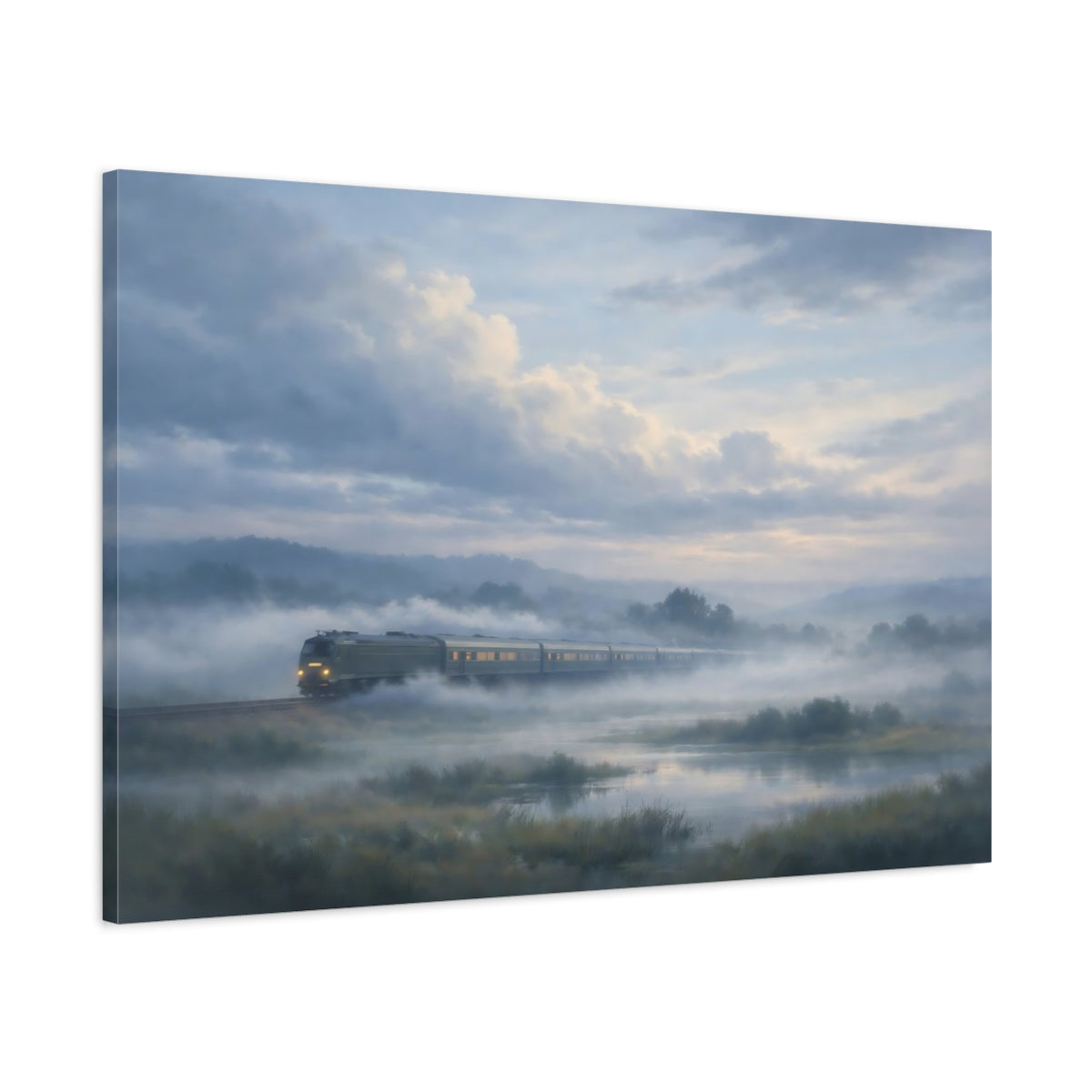 Main Mockup. Nature Train Misty Train Landscape shown as stretched canvas wall art