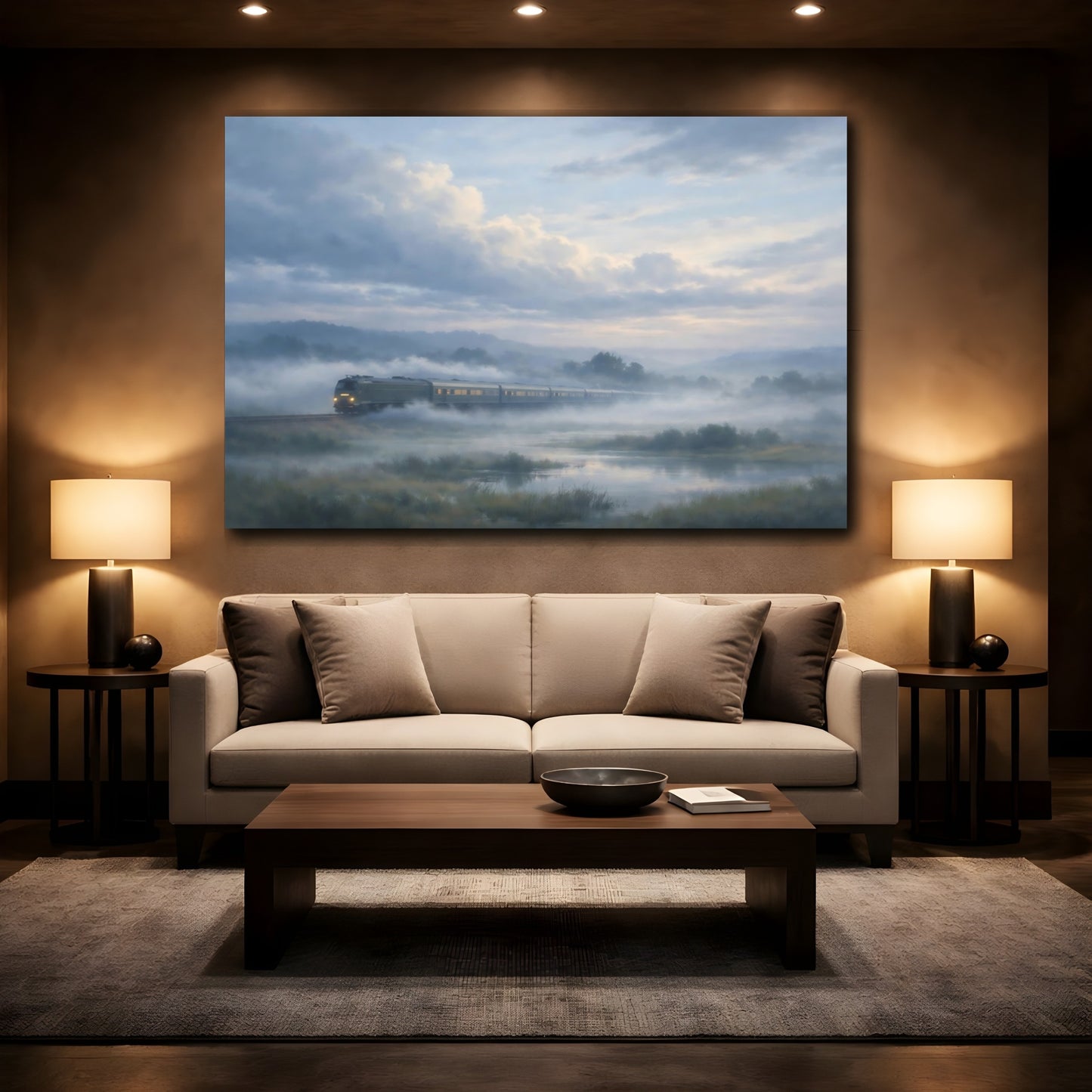 Mockup 3. Nature Train Misty Train Landscape shown as stretched canvas wall art