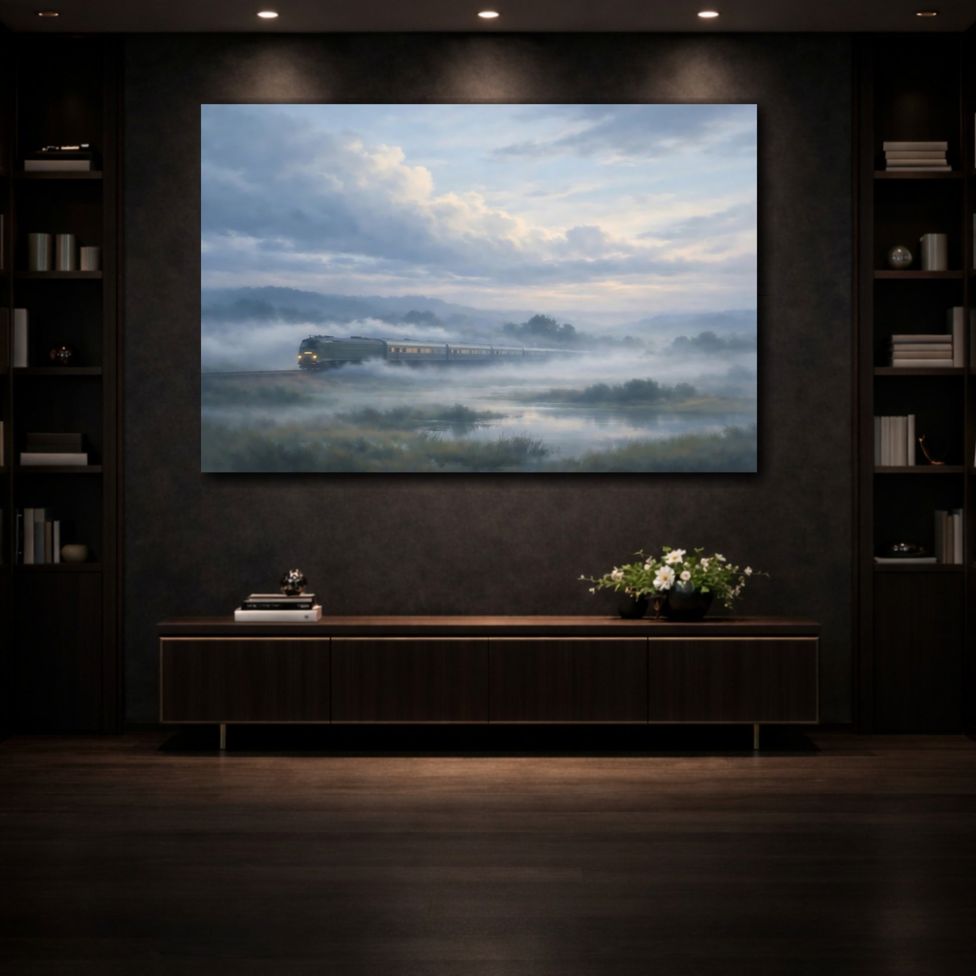 Mockup 4. Nature Train Misty Train Landscape shown as stretched canvas wall art