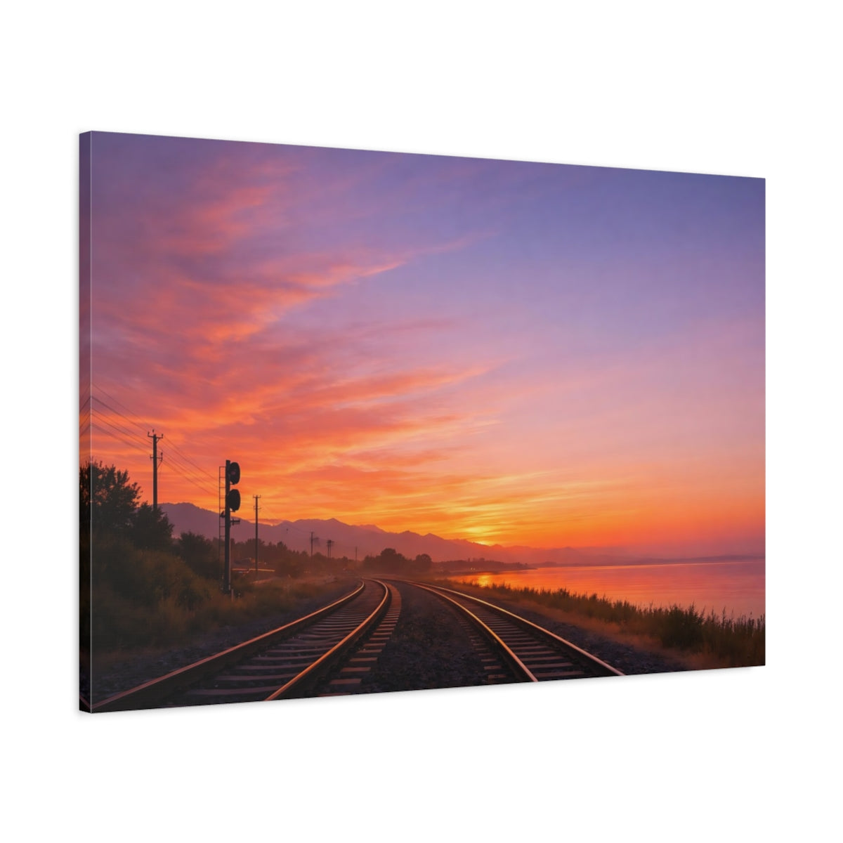 Main Mockup. Nature Train Tracks Orange Purple Sunset shown as stretched canvas wall art