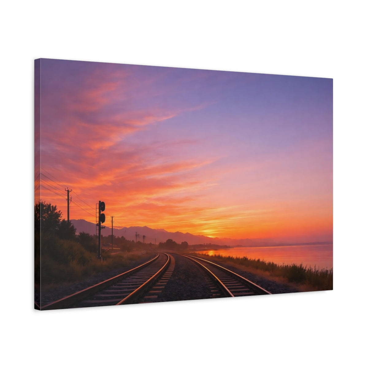 Side Mockup 2. Nature Train Tracks Orange Purple Sunset shown as stretched canvas wall art