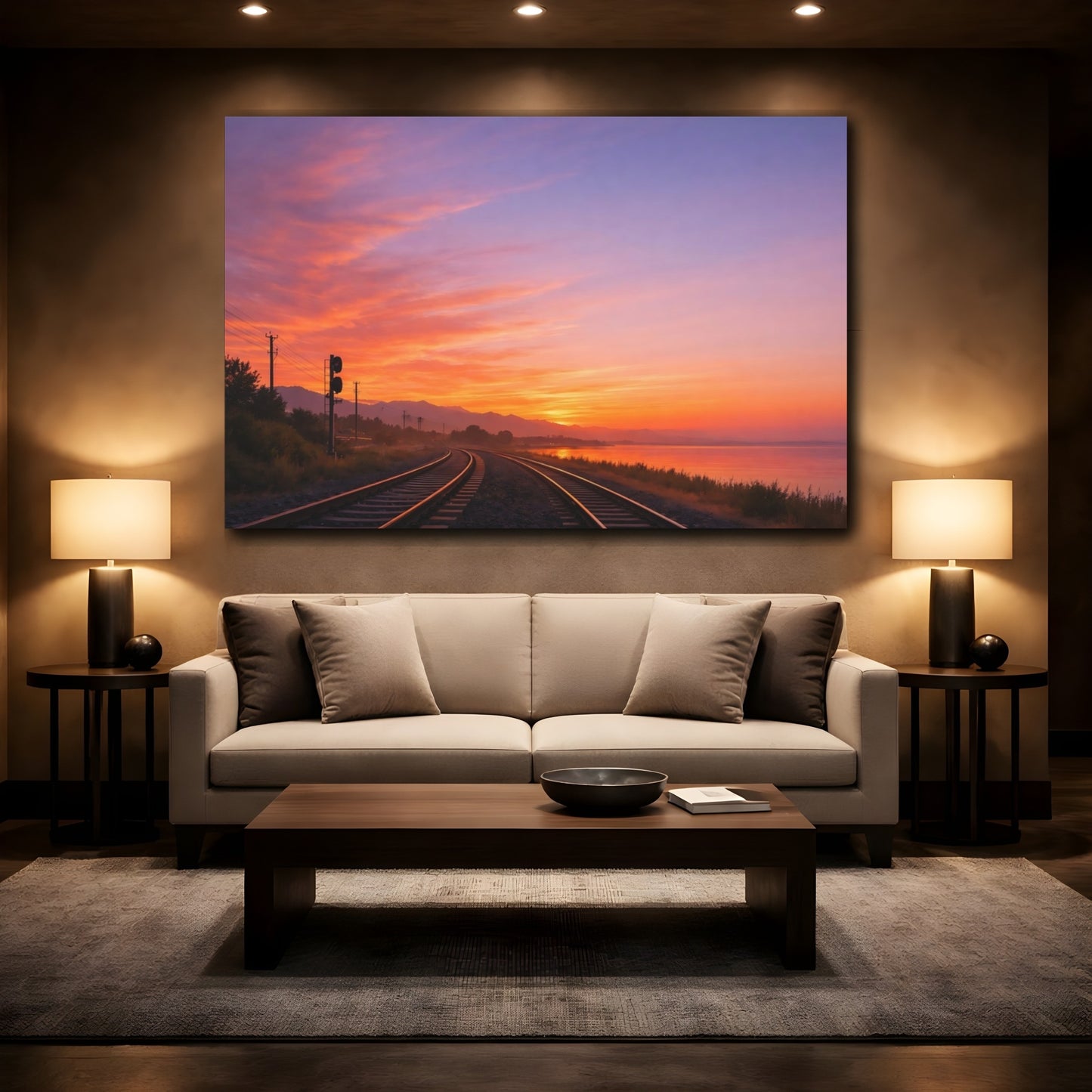 Mockup 2. Nature Train Tracks Orange Purple Sunset shown as stretched canvas wall art