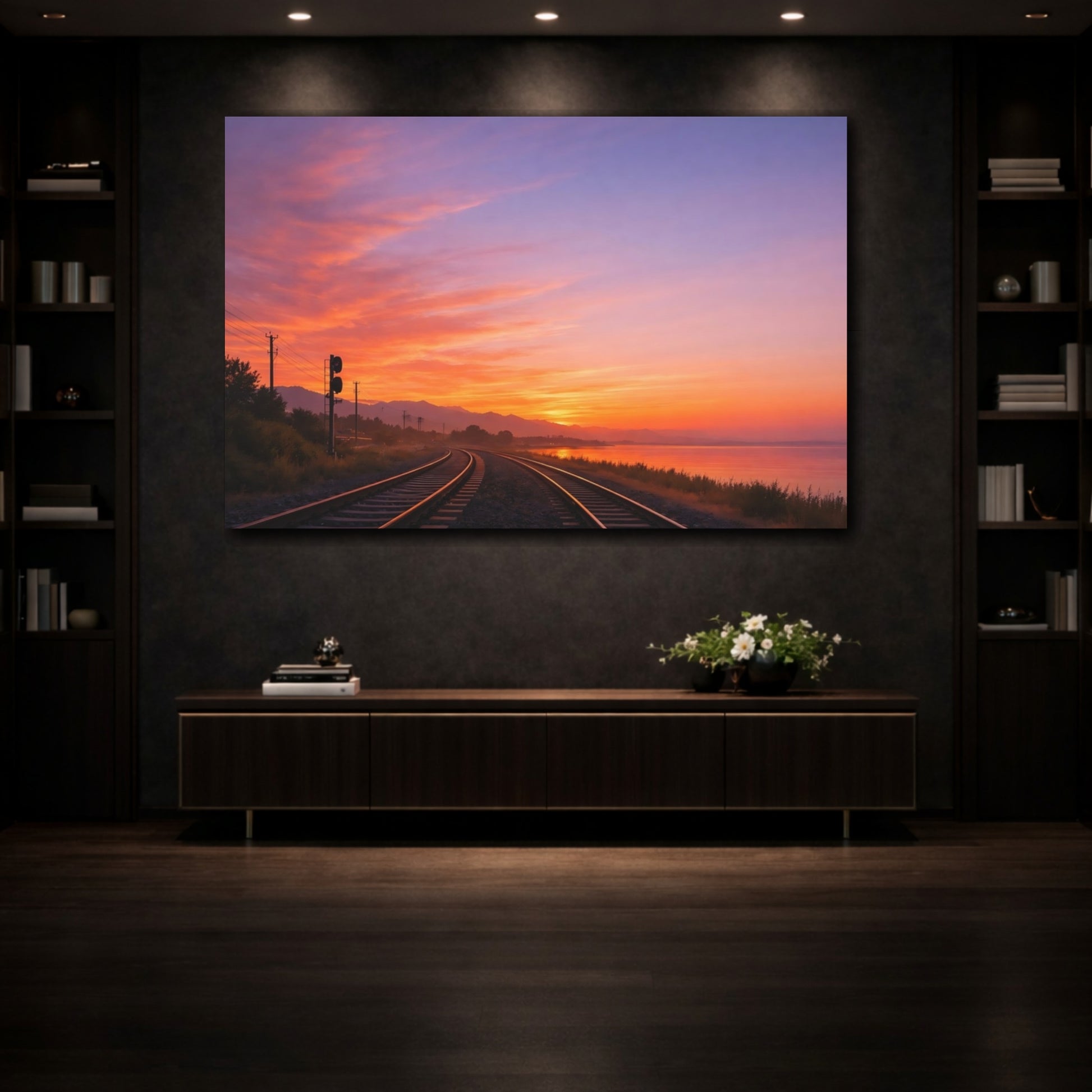 Mockup 3. Nature Train Tracks Orange Purple Sunset shown as stretched canvas wall art