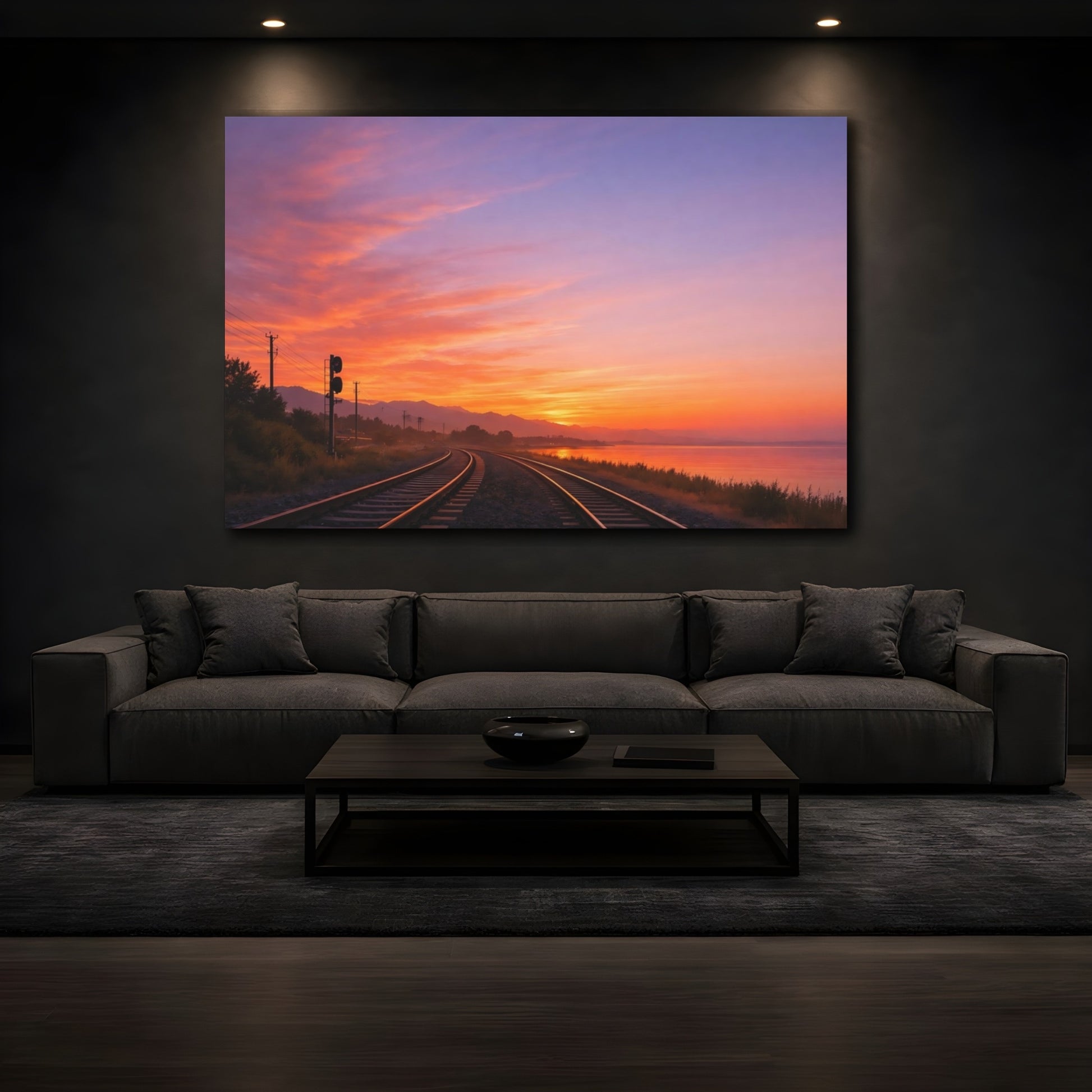 Mockup 4. Nature Train Tracks Orange Purple Sunset shown as stretched canvas wall art
