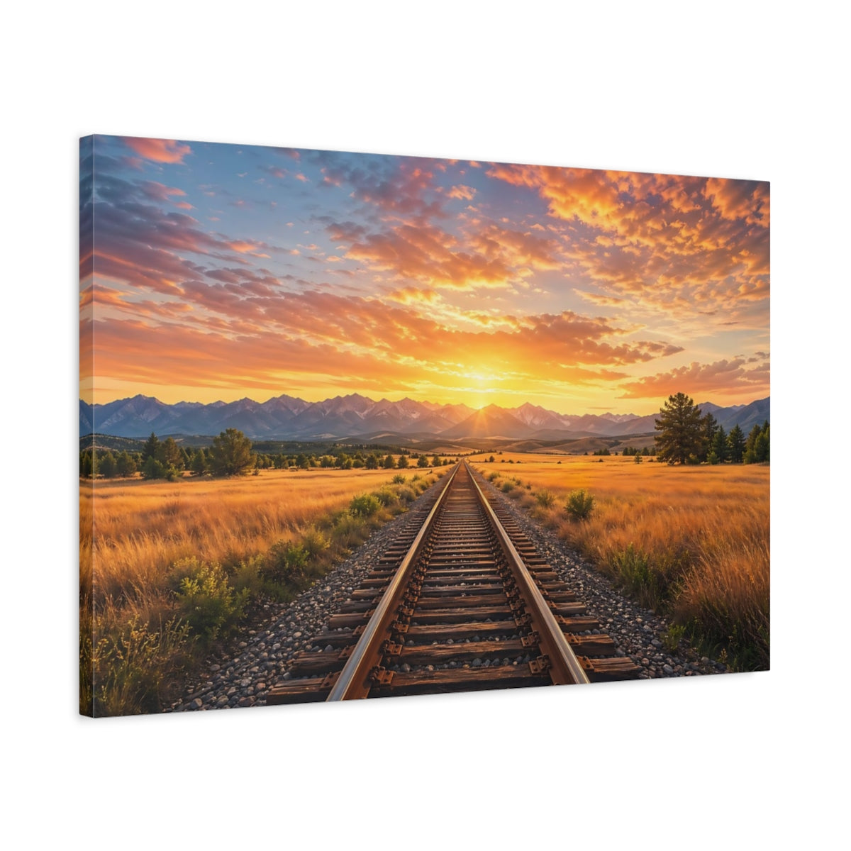 Side Mockup 2. Nature Train Tracks Train Tracks Sunset shown as stretched canvas wall art