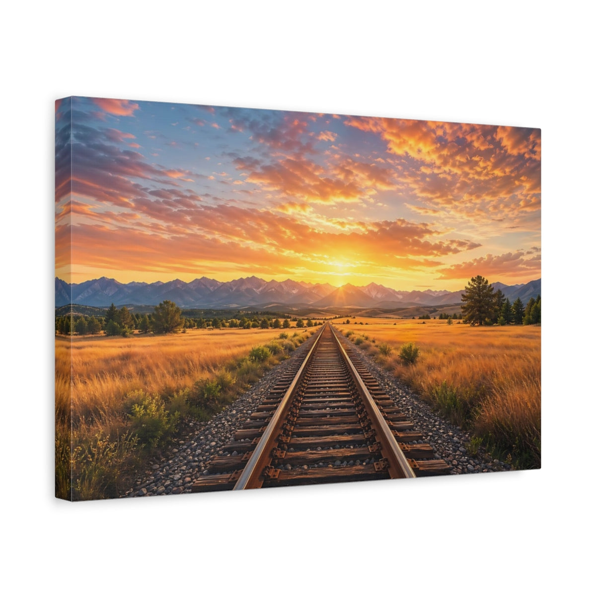Side Mockup 4. Nature Train Tracks Train Tracks Sunset shown as stretched canvas wall art