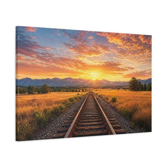 Main Mockup. Nature Train Tracks Train Tracks Sunset shown as stretched canvas wall art