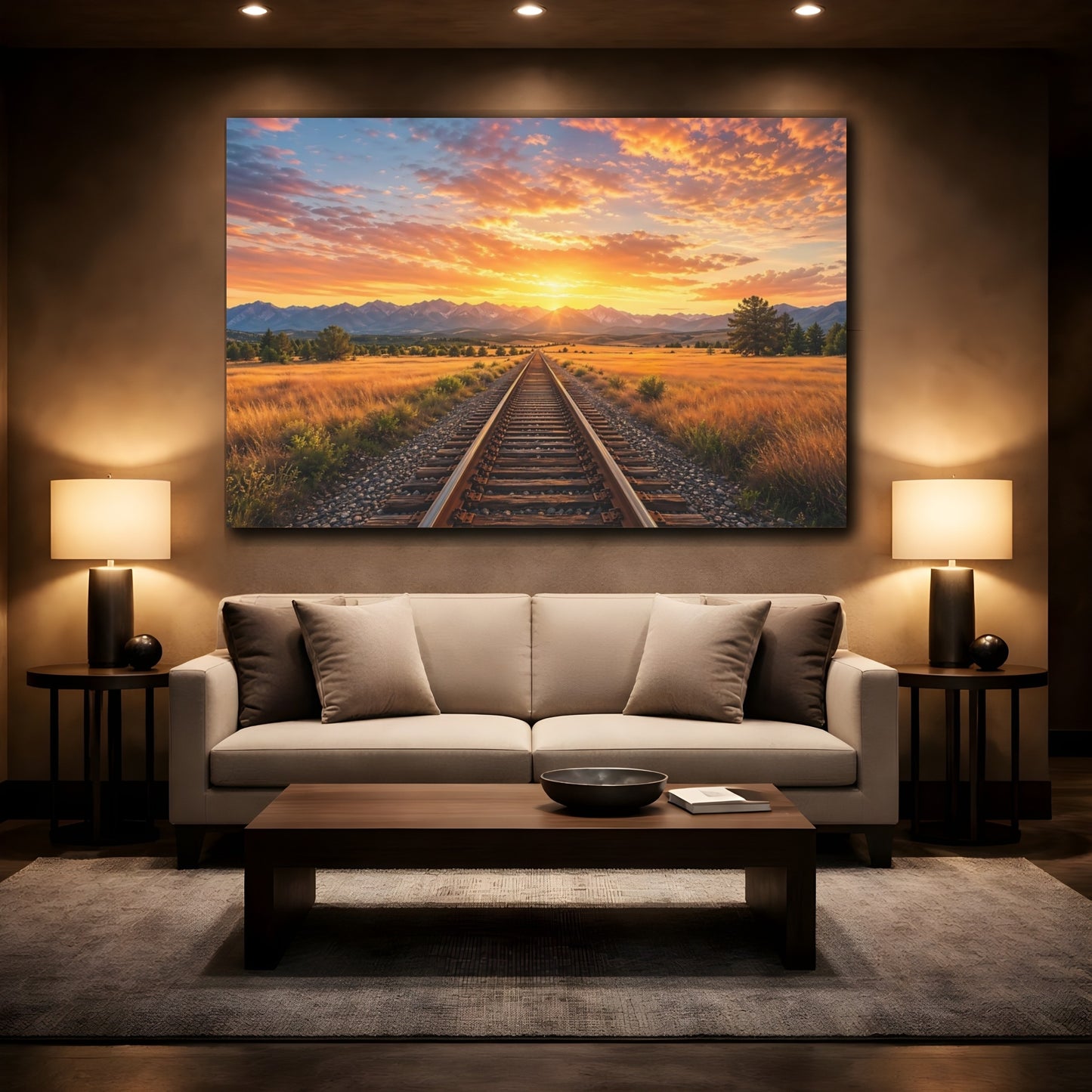 Mockup 2. Nature Train Tracks Train Tracks Sunset shown as stretched canvas wall art