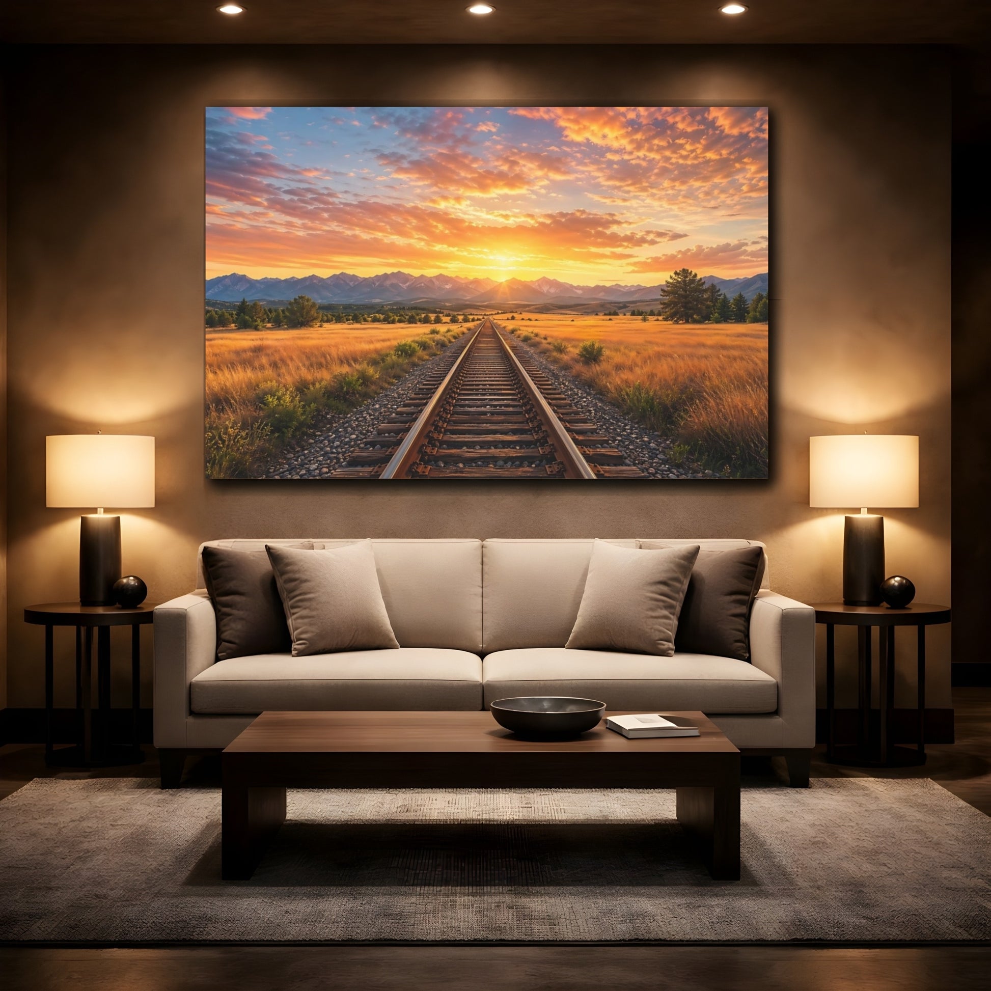 Mockup 2. Nature Train Tracks Train Tracks Sunset shown as stretched canvas wall art