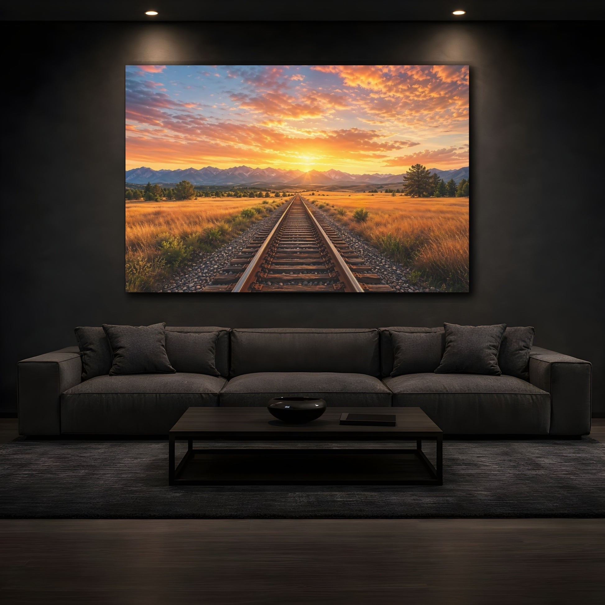 Mockup 3. Nature Train Tracks Train Tracks Sunset shown as stretched canvas wall art