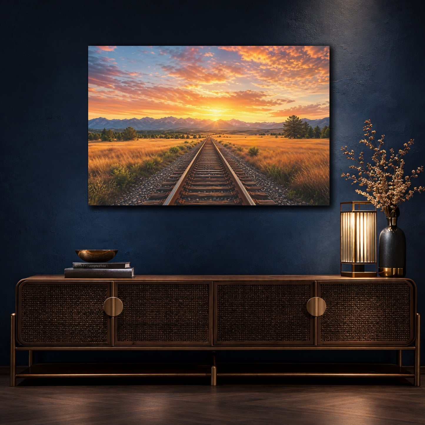 Mockup 4. Nature Train Tracks Train Tracks Sunset shown as stretched canvas wall art