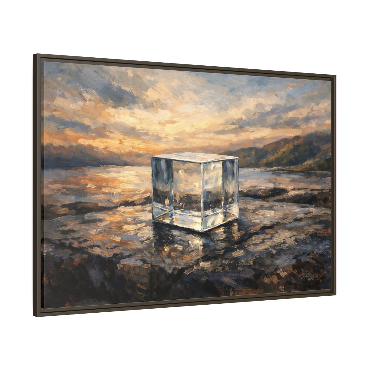 Main Mockup. Nature Transparent Cube Golden Seascape shown as stretched canvas wall art