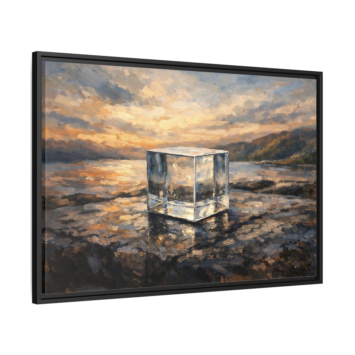 Side Mockup 13. Nature Transparent Cube Golden Seascape shown as stretched canvas wall art