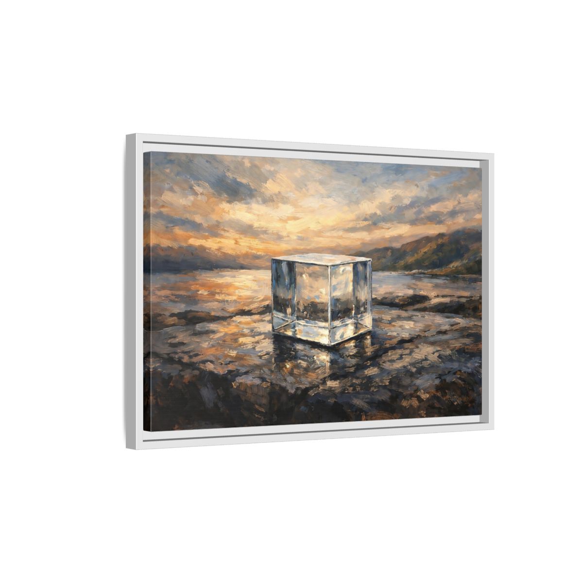 Side Mockup 1. Nature Transparent Cube Golden Seascape shown as stretched canvas wall art