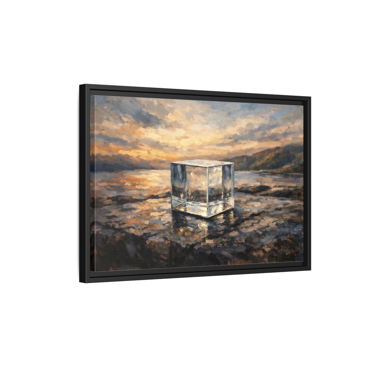 Side Mockup 3. Nature Transparent Cube Golden Seascape shown as stretched canvas wall art