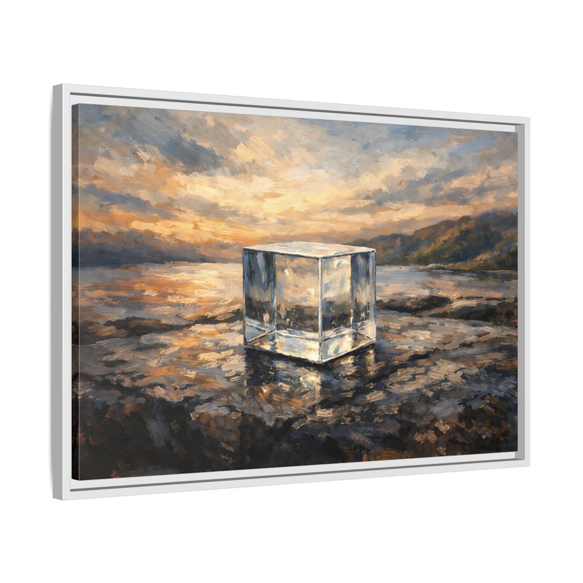 Side Mockup 10. Nature Transparent Cube Golden Seascape shown as stretched canvas wall art
