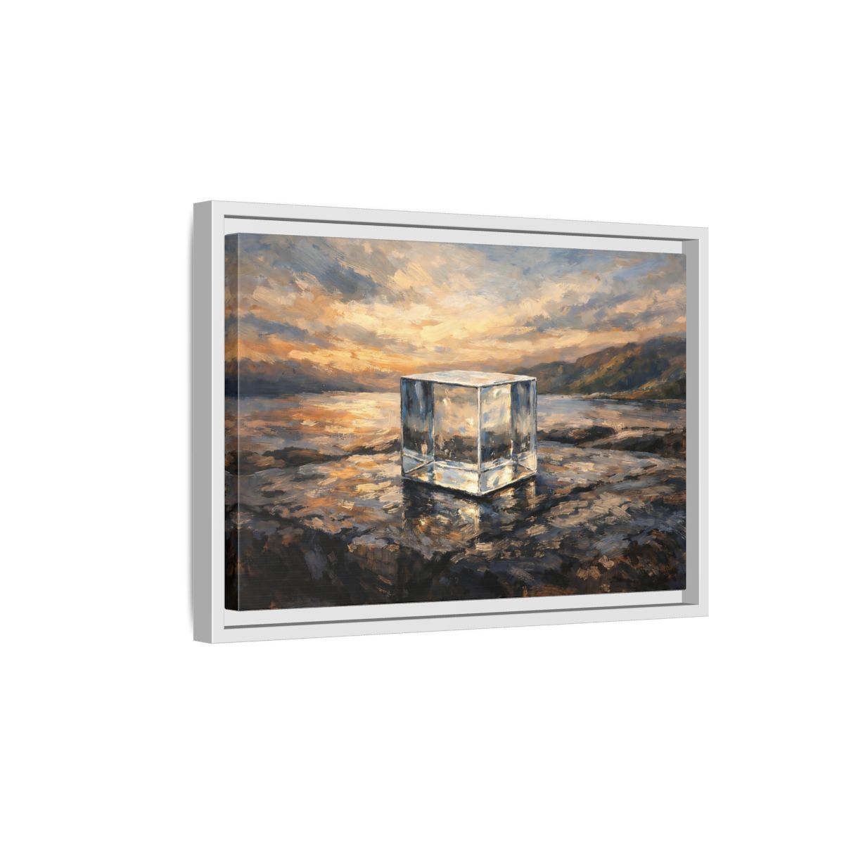 Side Mockup 4. Nature Transparent Cube Golden Seascape shown as stretched canvas wall art