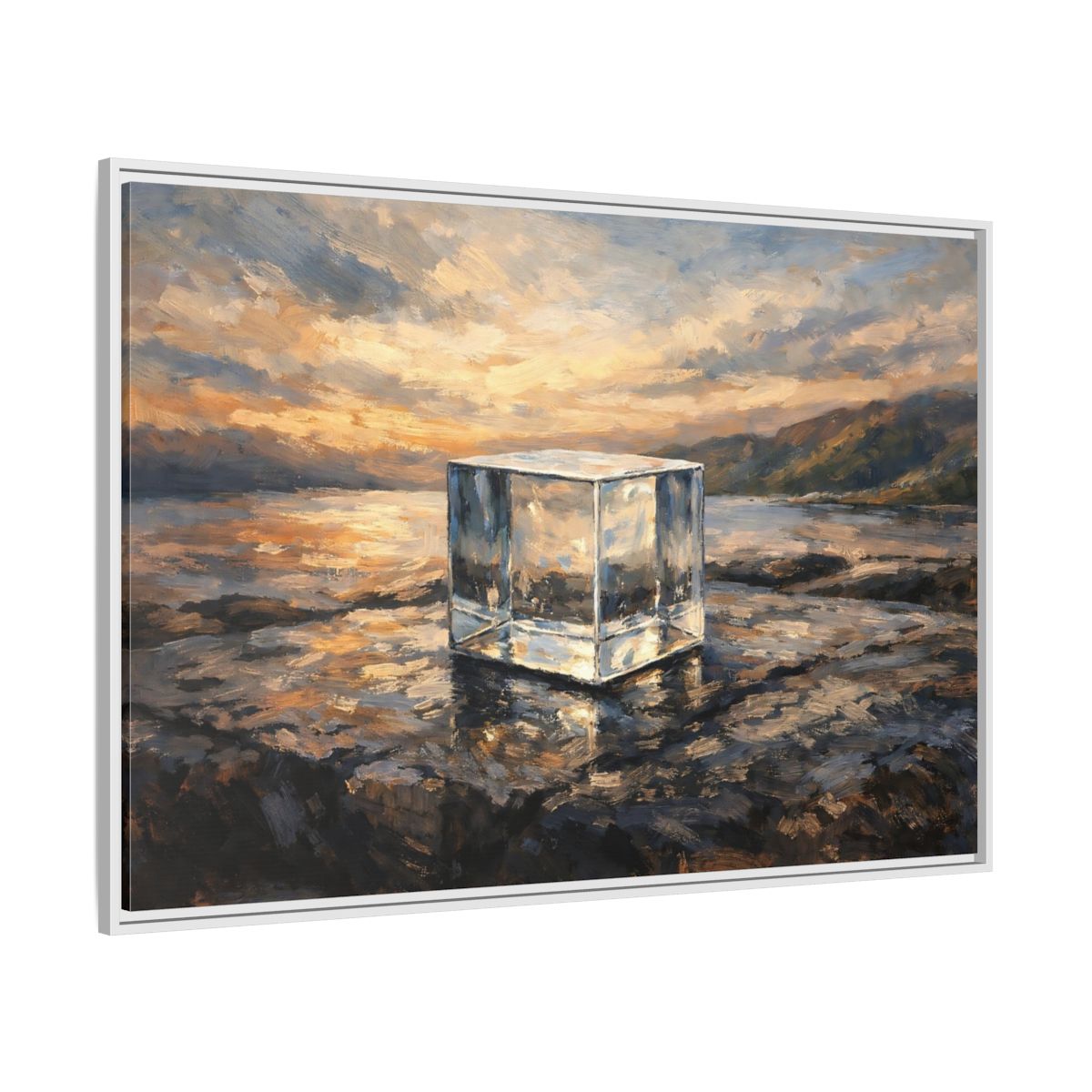 Side Mockup 7. Nature Transparent Cube Golden Seascape shown as stretched canvas wall art