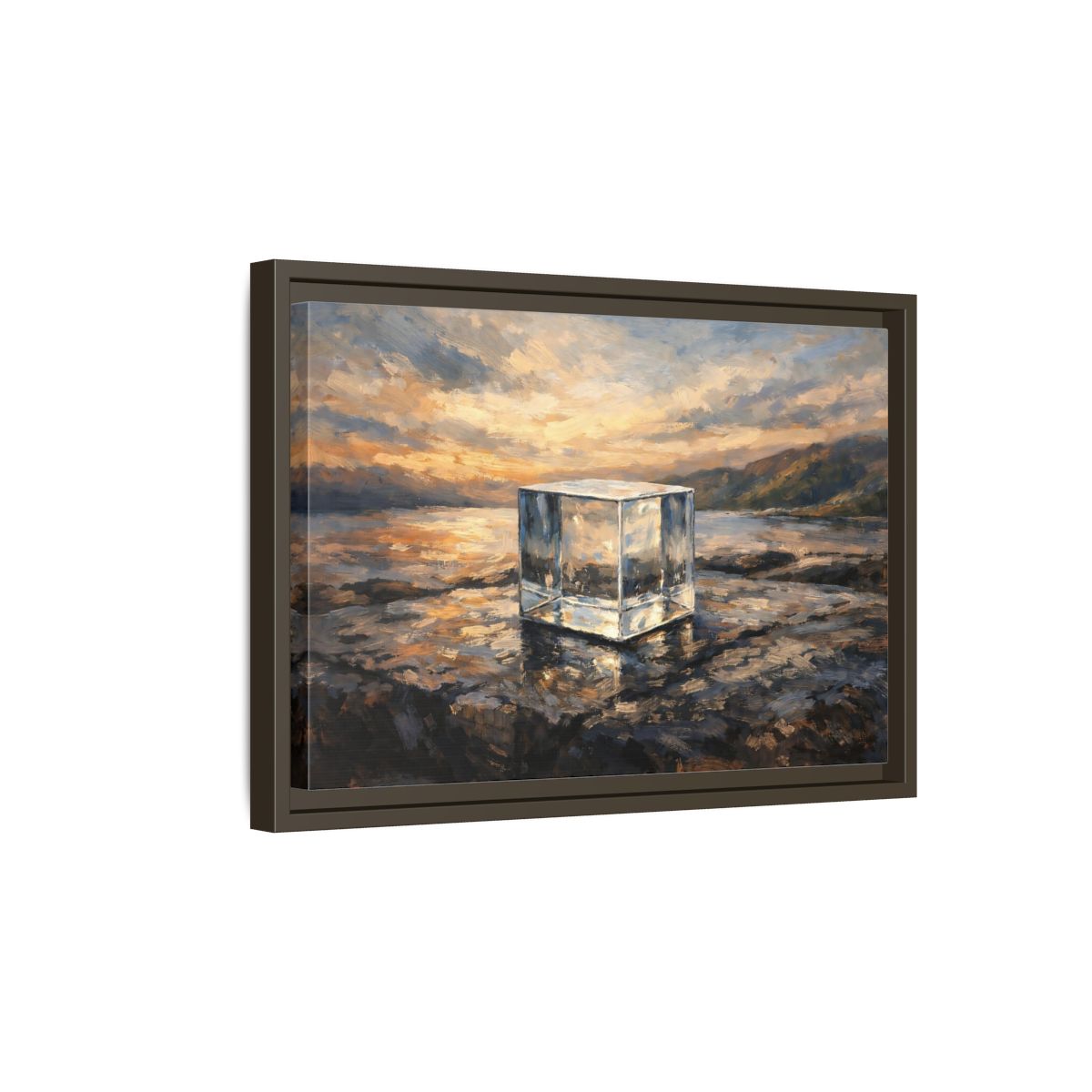 Side Mockup 5. Nature Transparent Cube Golden Seascape shown as stretched canvas wall art