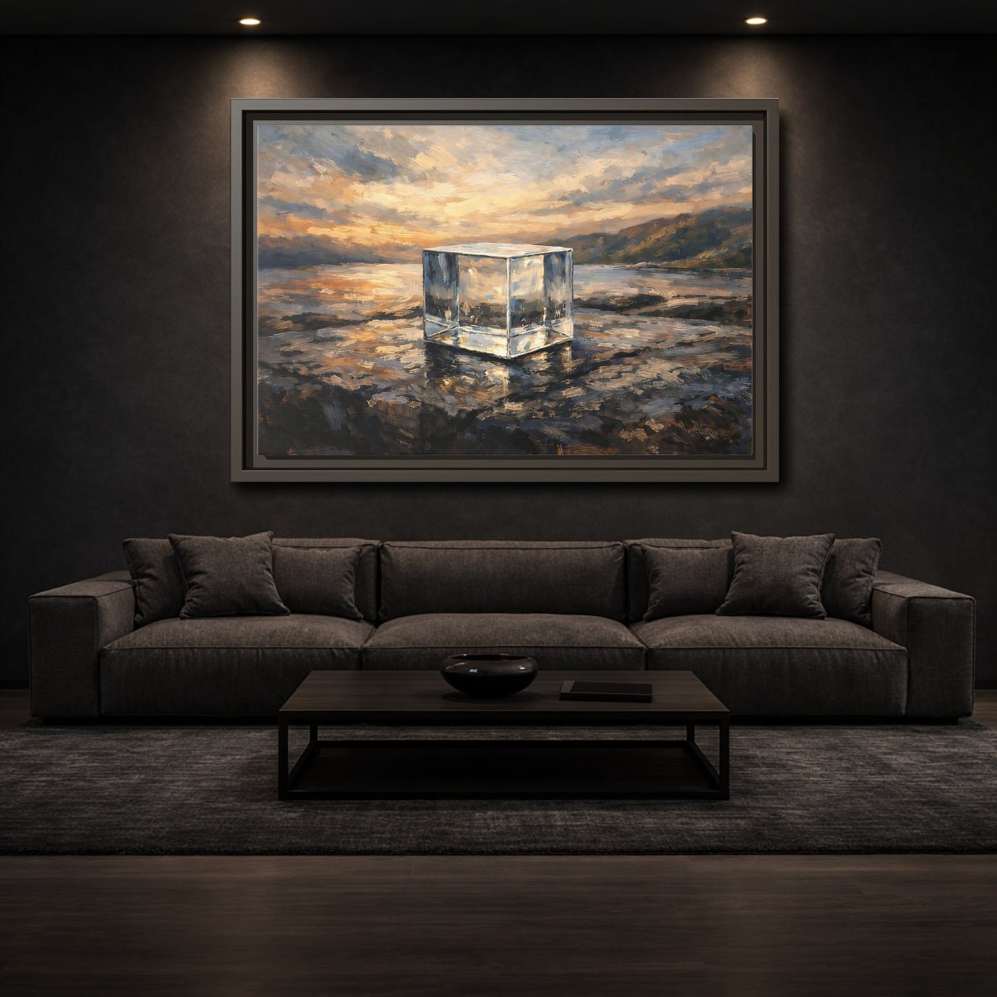 Mockup 2. Nature Transparent Cube Golden Seascape shown as stretched canvas wall art