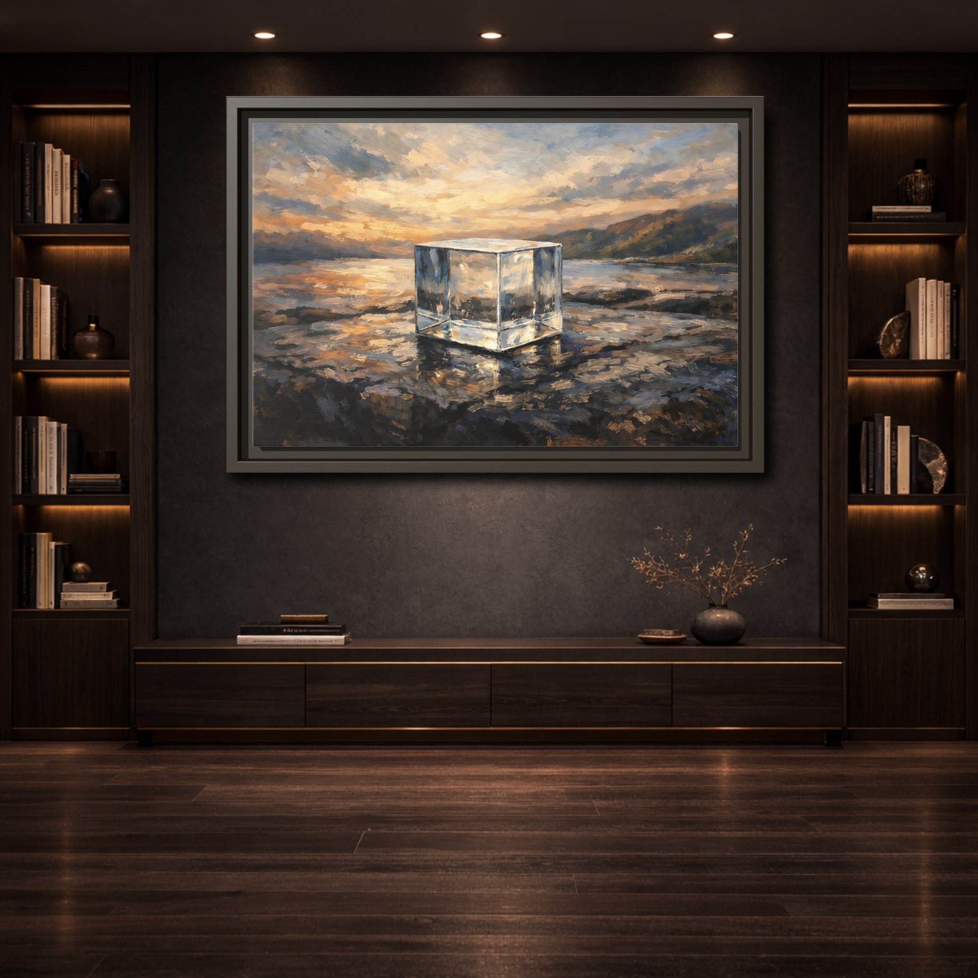 Mockup 3. Nature Transparent Cube Golden Seascape shown as stretched canvas wall art