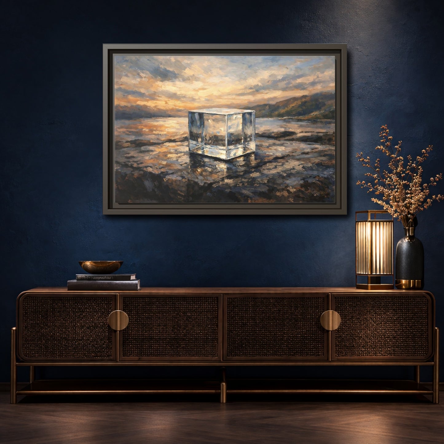 Mockup 4. Nature Transparent Cube Golden Seascape shown as stretched canvas wall art