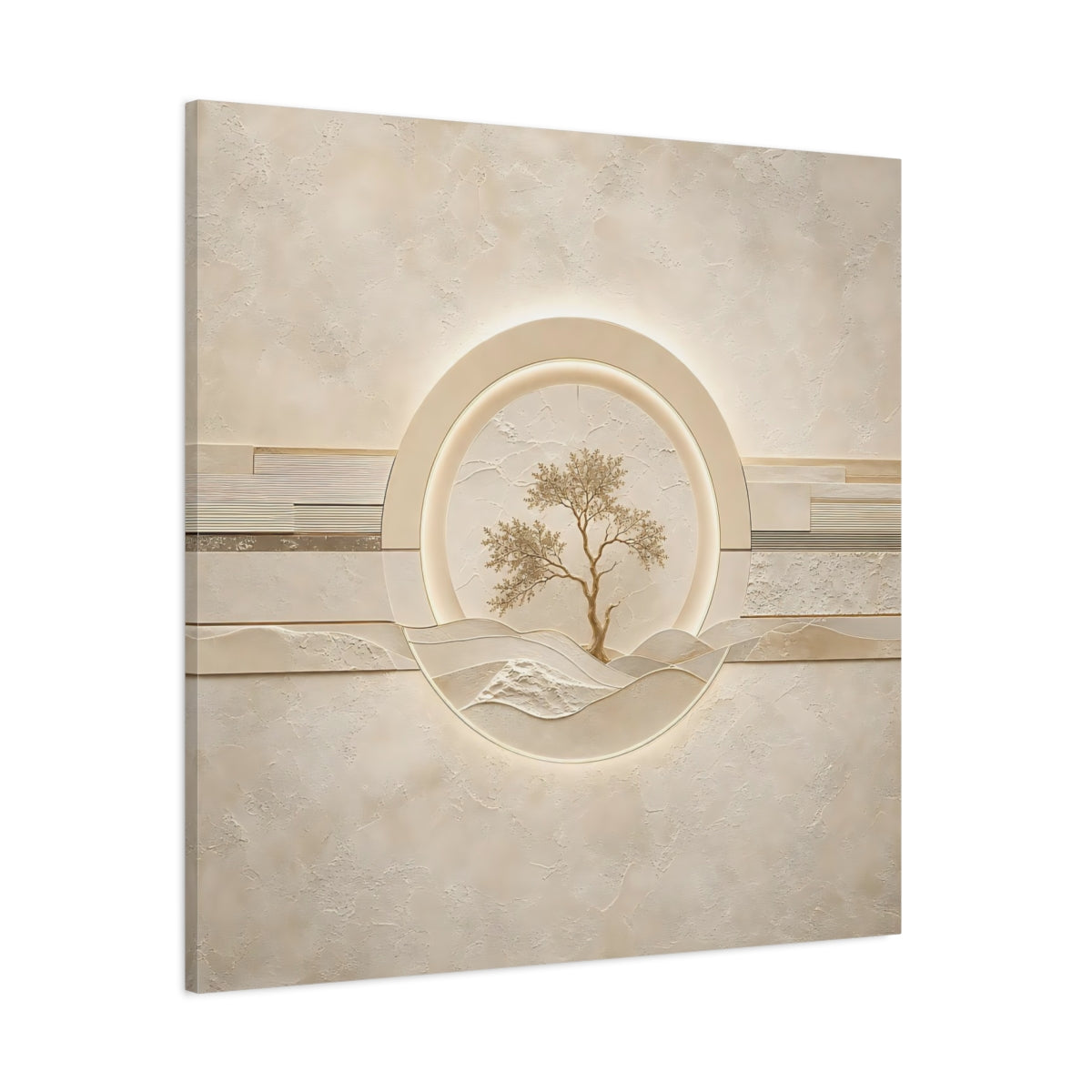 Side Mockup 1. Nature Tree Beige Gold Tree shown as stretched canvas wall art