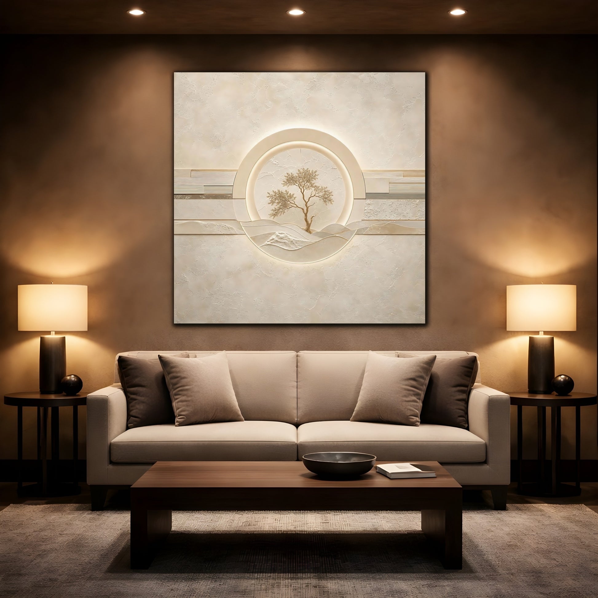 Mockup 2. Nature Tree Beige Gold Tree shown as stretched canvas wall art