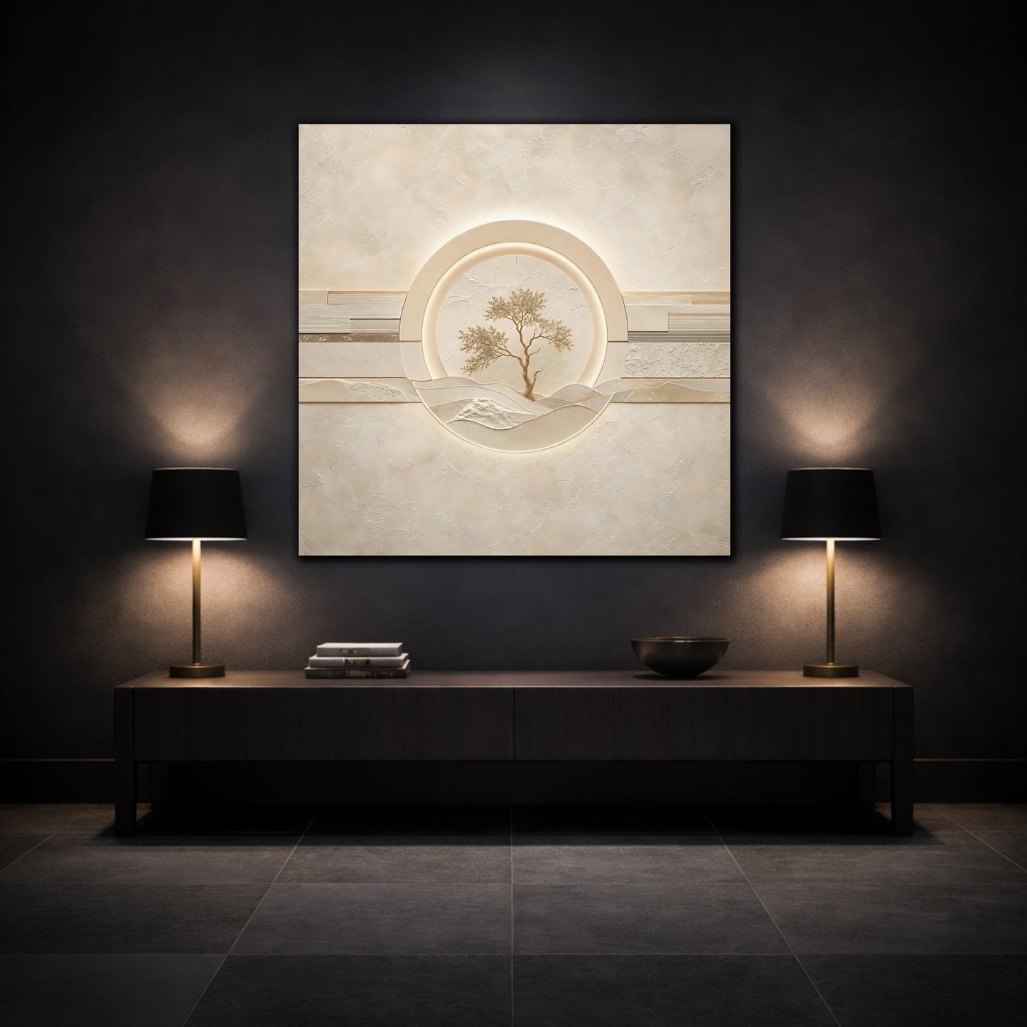 Mockup 3. Nature Tree Beige Gold Tree shown as stretched canvas wall art