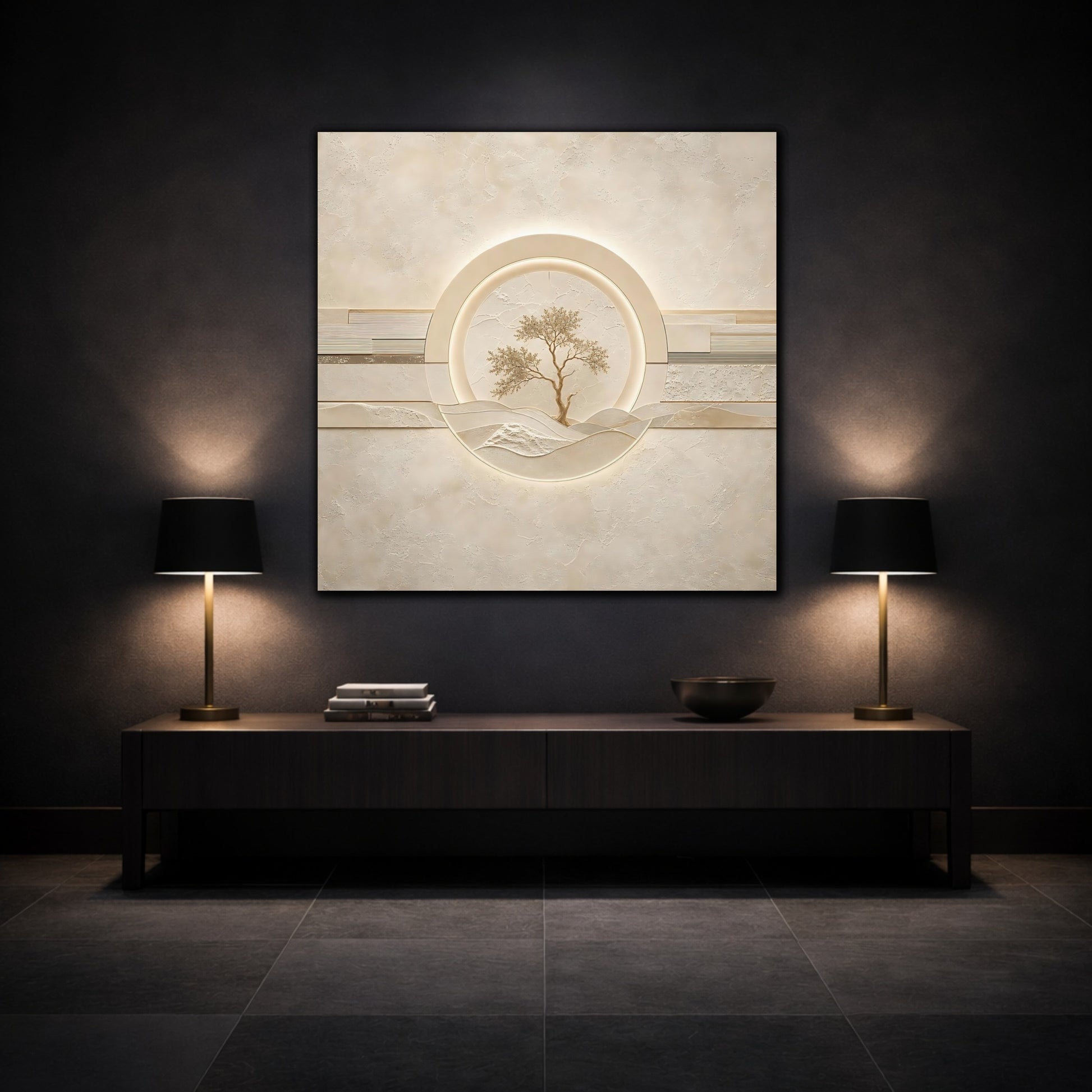 Mockup 3. Nature Tree Beige Gold Tree shown as stretched canvas wall art