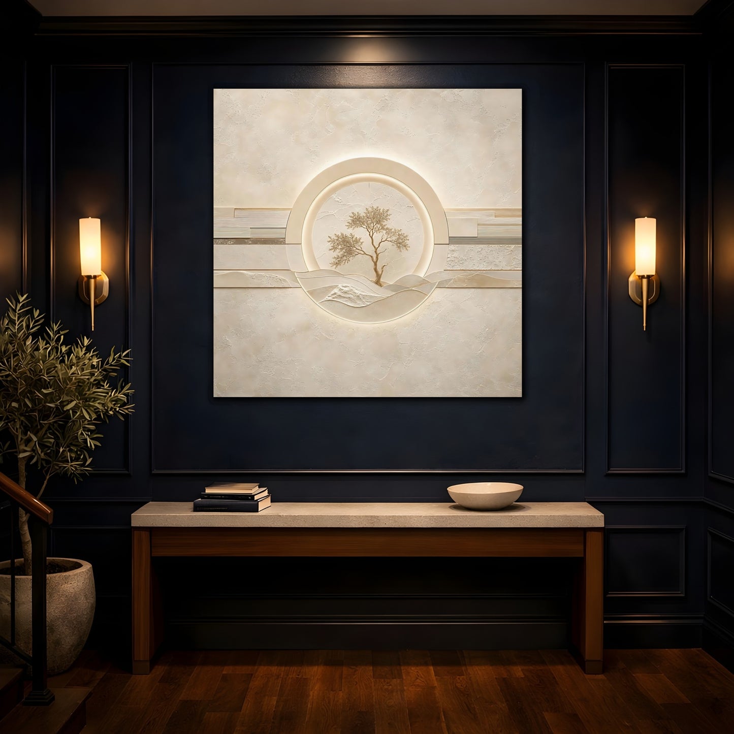 Mockup 4. Nature Tree Beige Gold Tree shown as stretched canvas wall art