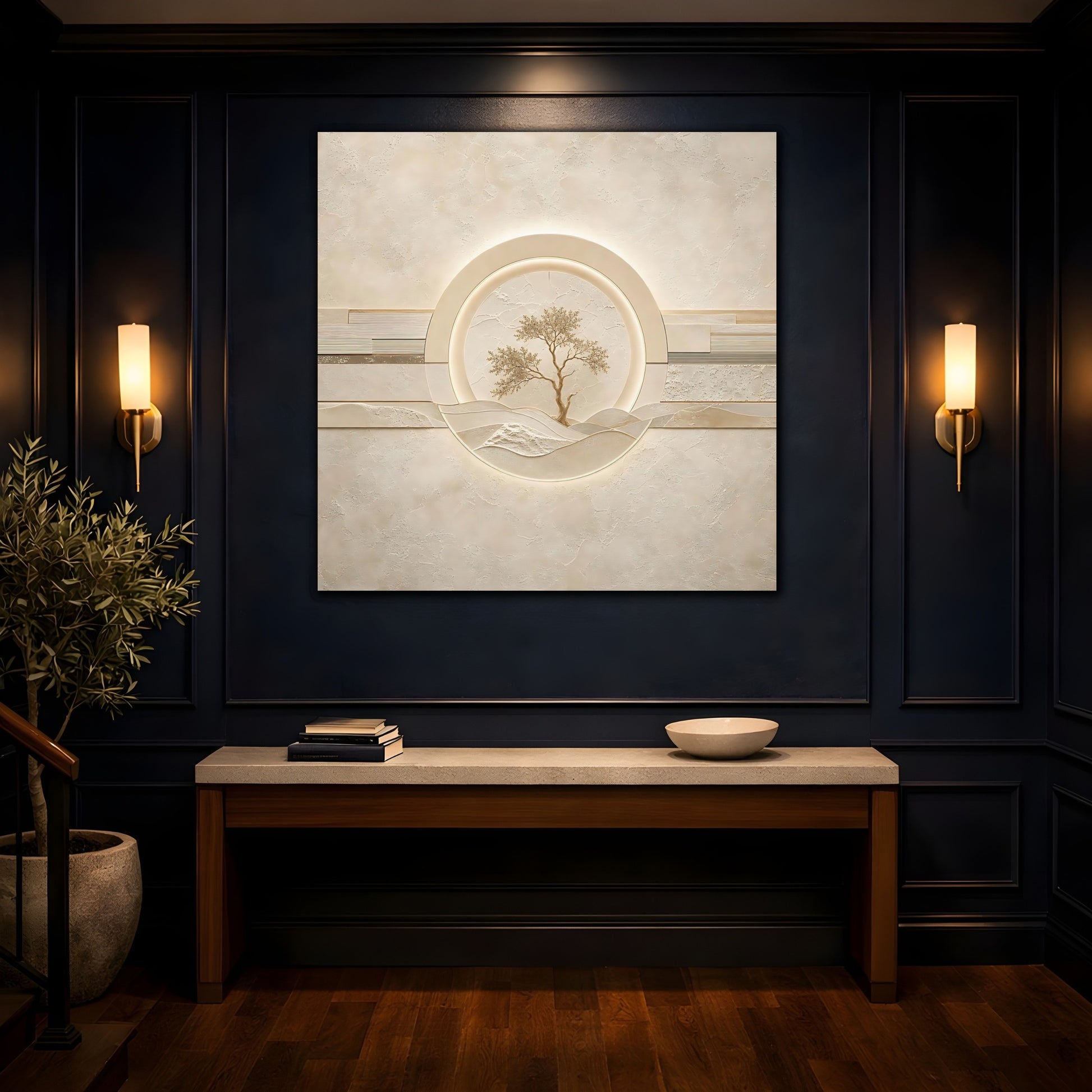 Mockup 4. Nature Tree Beige Gold Tree shown as stretched canvas wall art