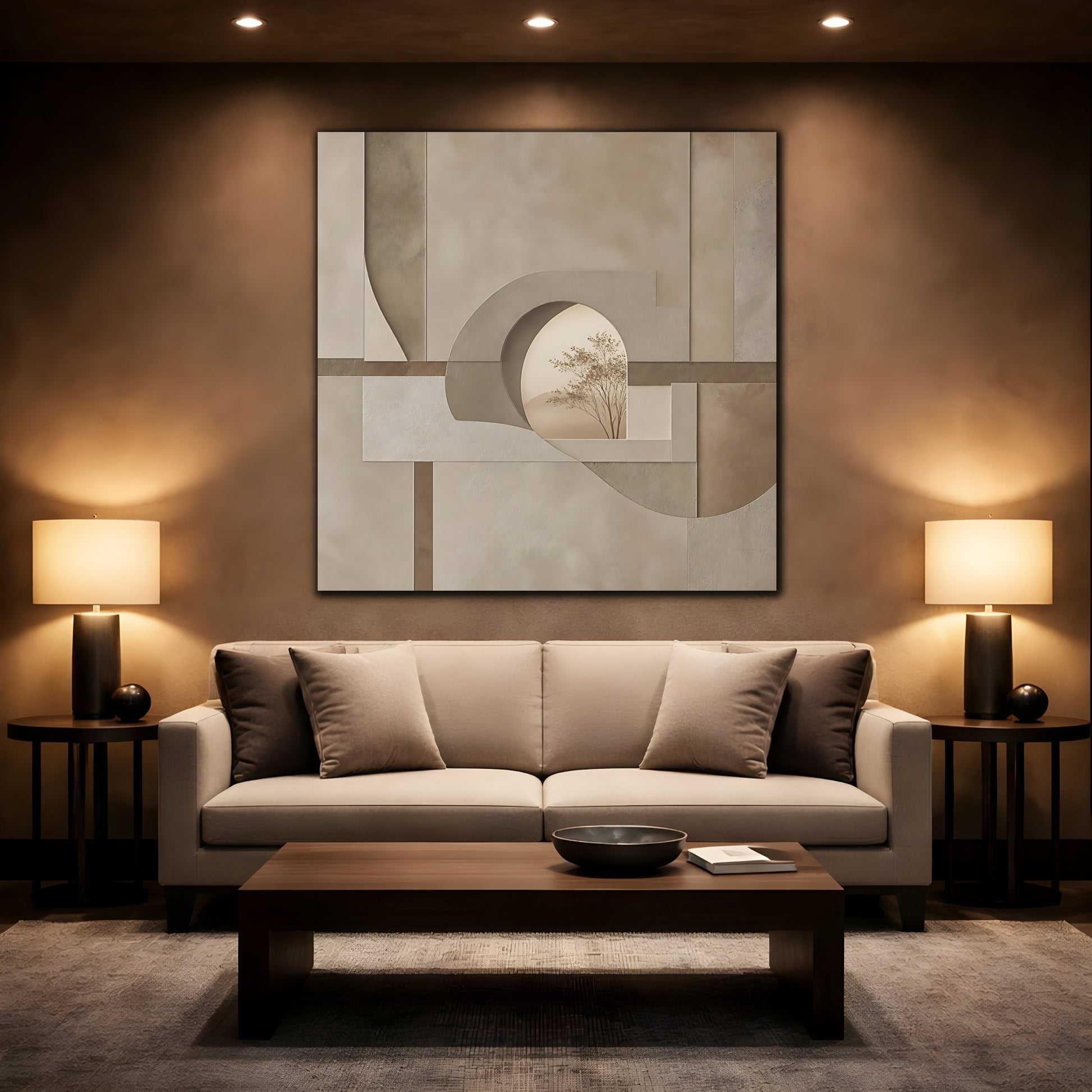 Mockup 2. Nature Tree Brown And Beige shown as stretched canvas wall art
