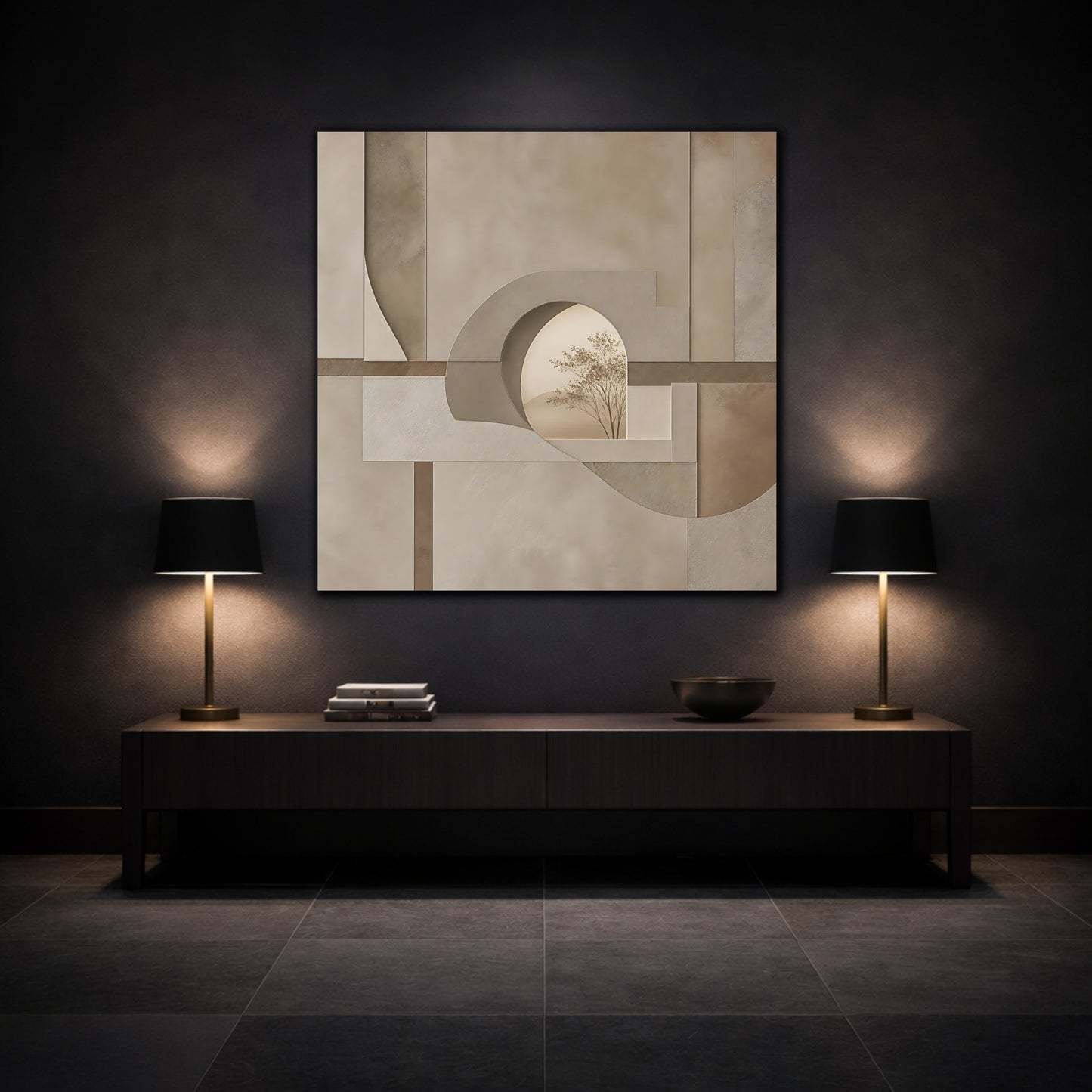 Mockup 3. Nature Tree Brown And Beige shown as stretched canvas wall art