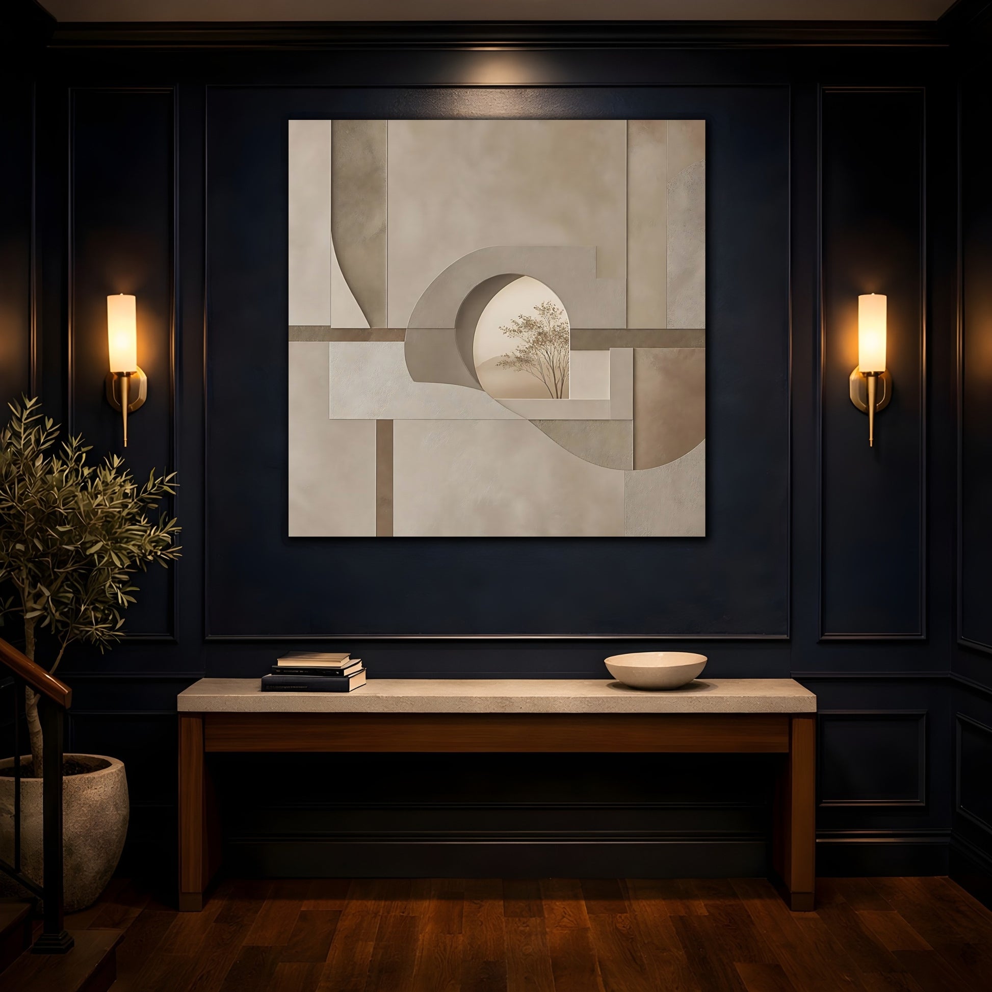 Mockup 4. Nature Tree Brown And Beige shown as stretched canvas wall art