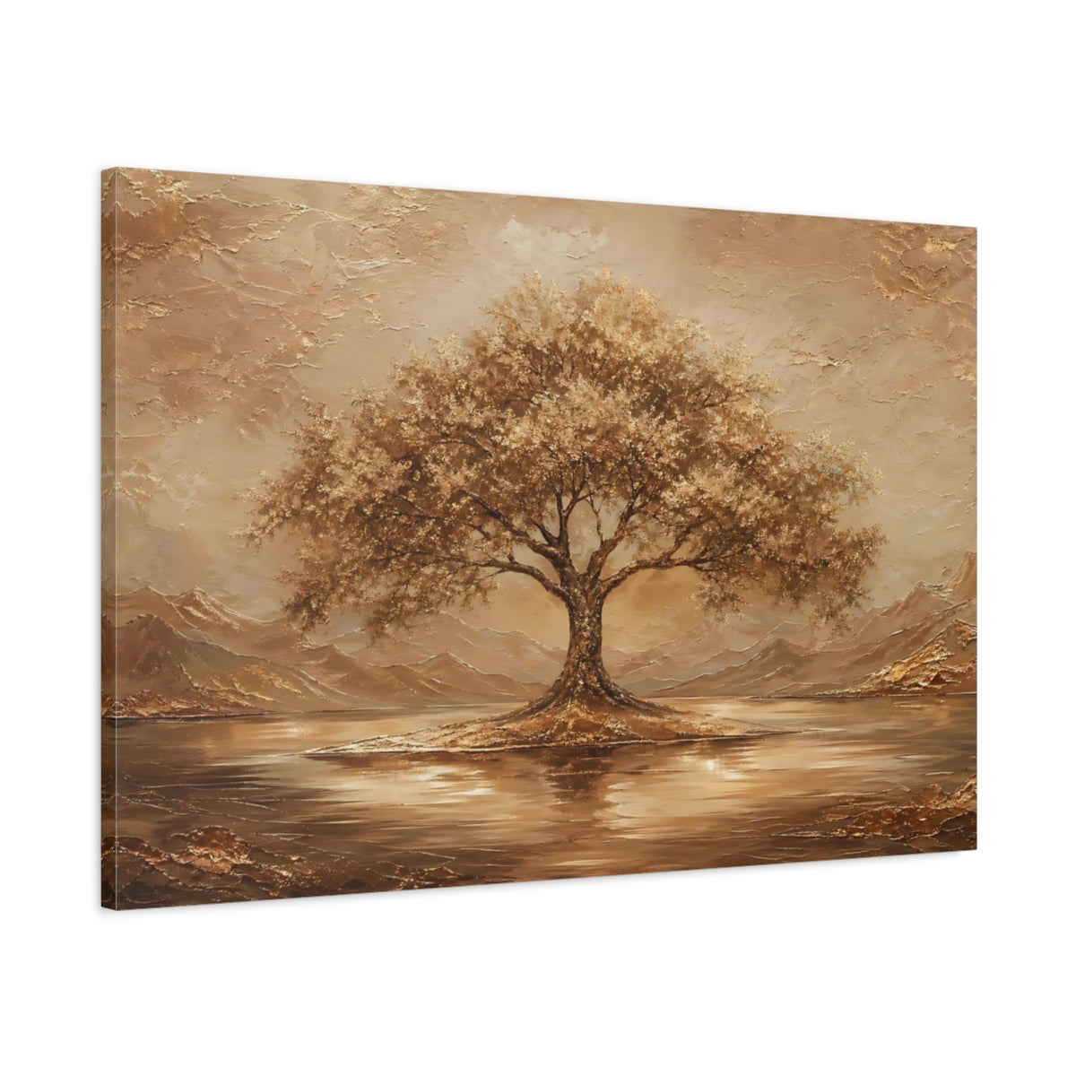 Main Mockup. Nature Tree Brown And Gold shown as stretched canvas wall art