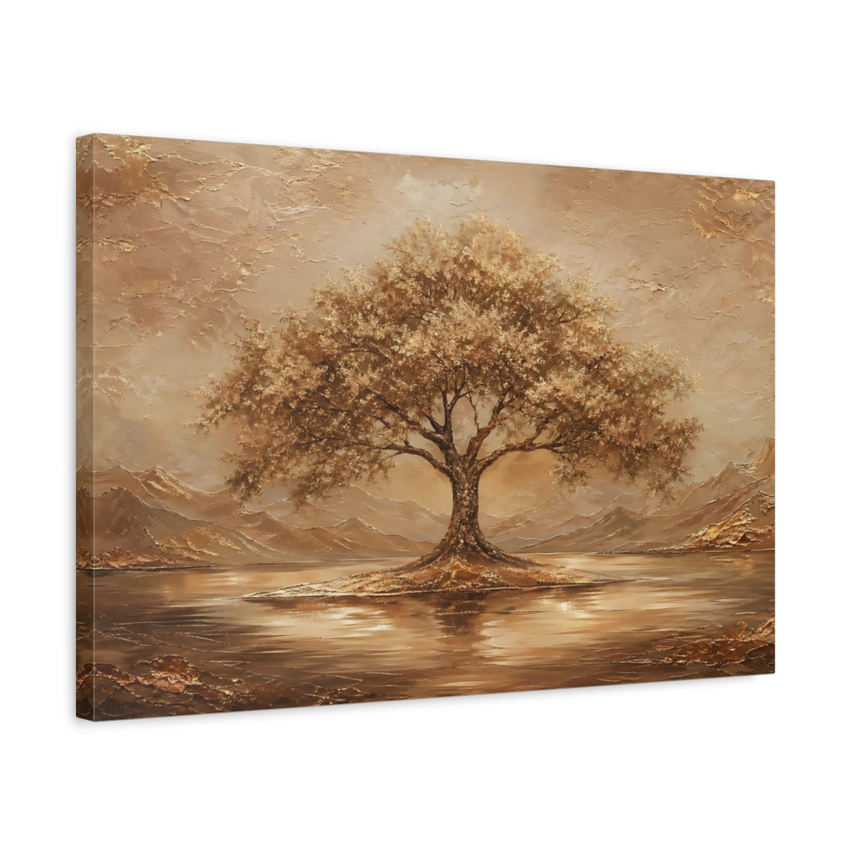 Side Mockup 3. Nature Tree Brown And Gold shown as stretched canvas wall art